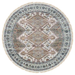 5'10"x5'10" Ivory Shiraz Rosettes Border Wool Hand Knotted Round Oriental Rug