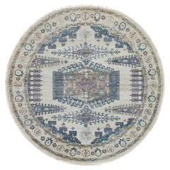 9'9"x9'9" Ivory Wool Hand Knotted Reimagined Persian Viss Round Oriental Rug