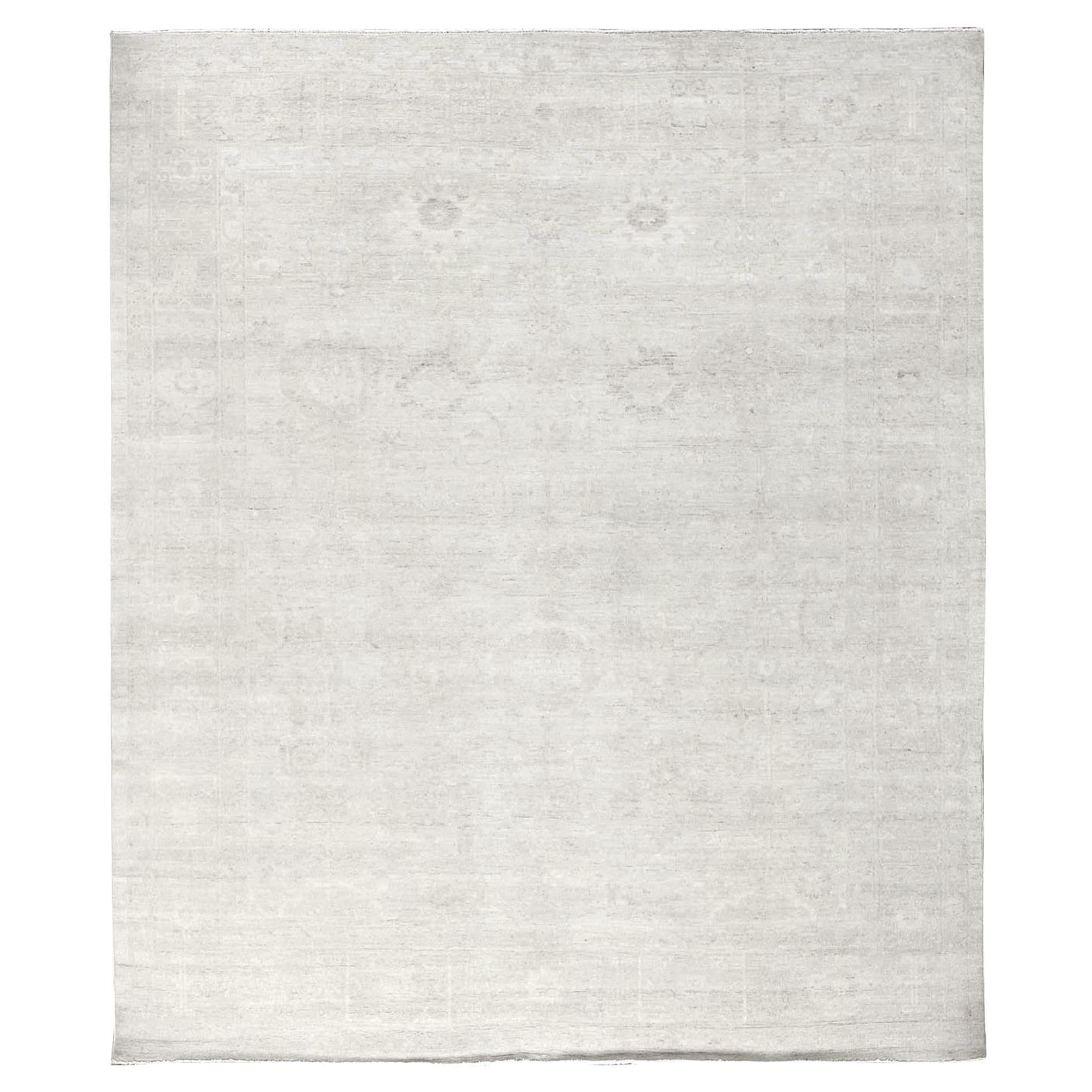 8'1 "x9'10" Elfenbeinfarbener ausgewaschener Peshawar mit Blattdesign Handgeknüpfter Teppich aus reiner Wolle im Angebot