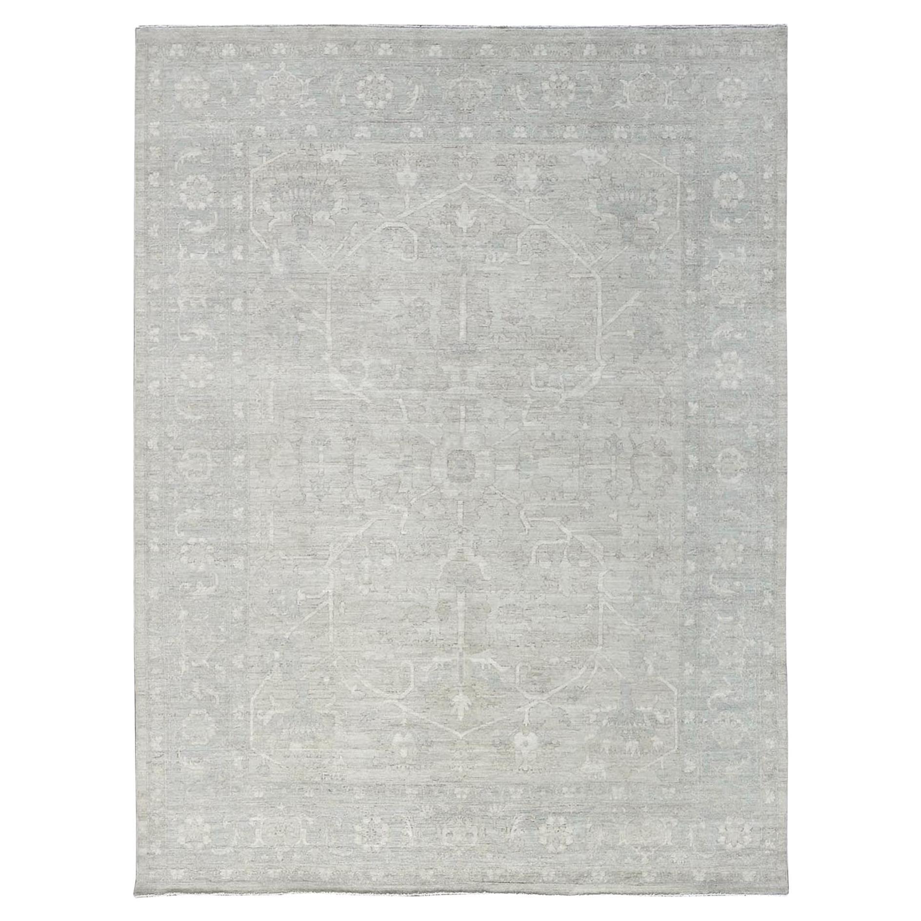 9'x11'10" Oyster White Washed Out Peshawar Handgeknüpfter Orientteppich aus reiner Wolle im Angebot