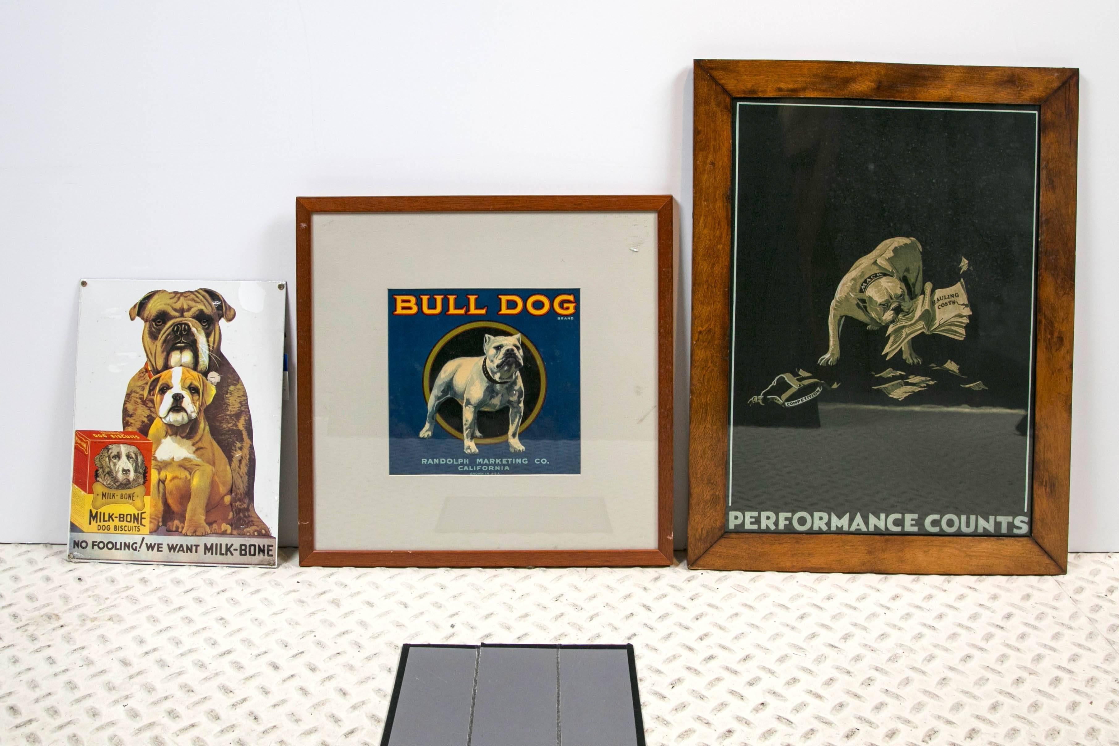 This unique collection of ads and a plaque. An essential additions to any collection, the celebration of bulldogs in modern history. A vintage Milkbone ad and an engraved plaque with a Pope quote is not framed. The vintage posters are framed behind