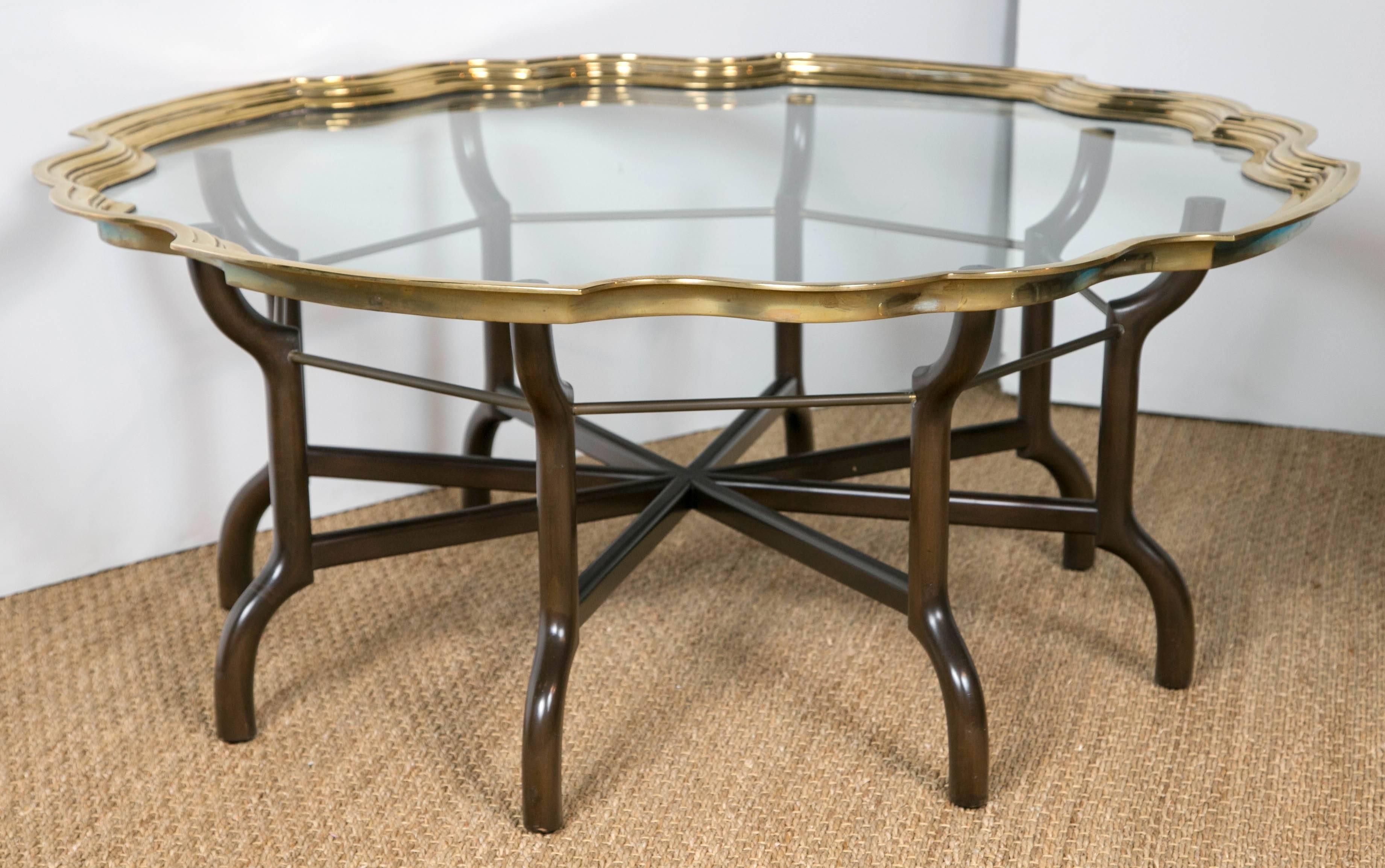Brass and glass scalloped edge round coffee table, Mid-Century.