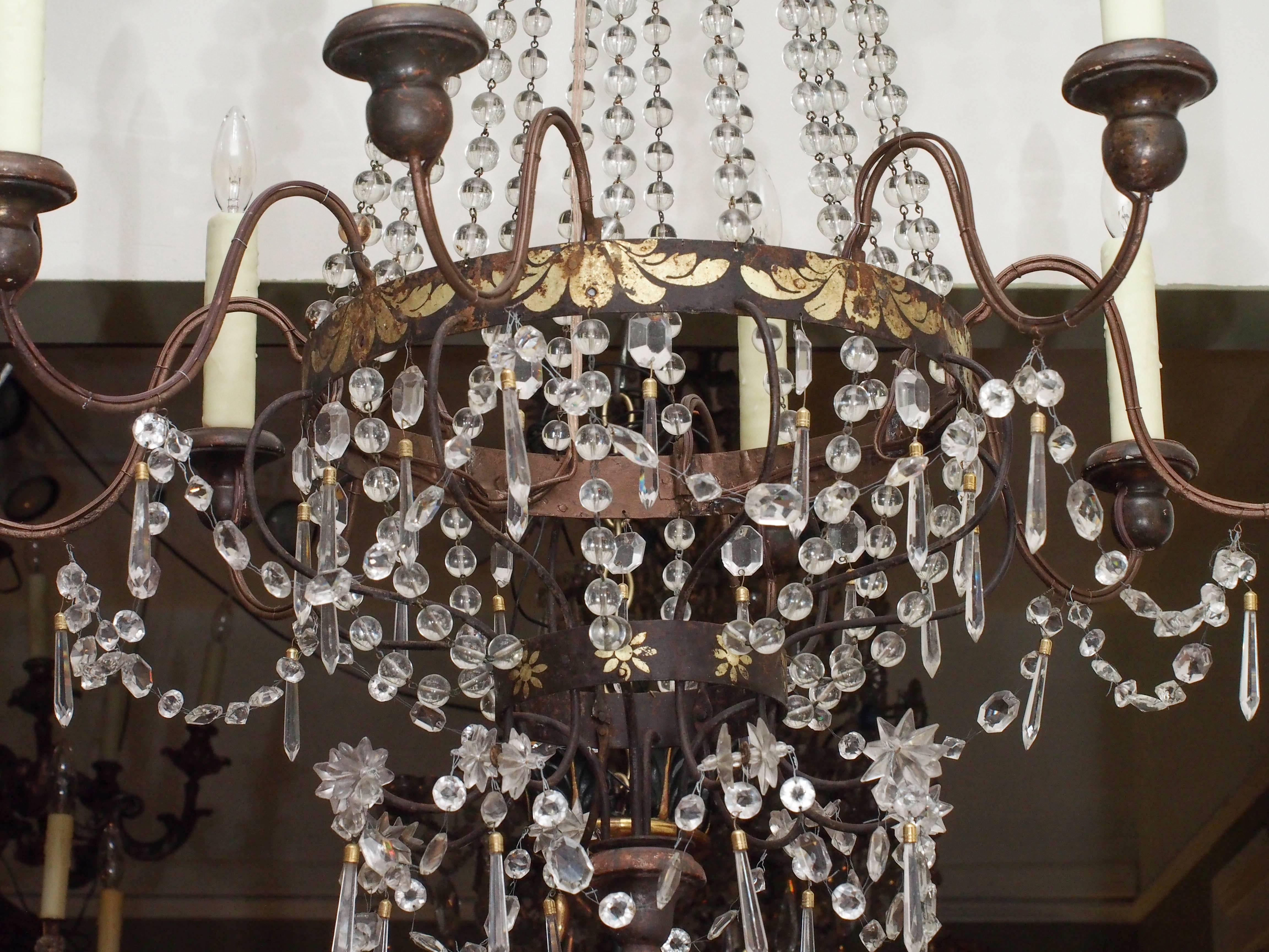 Italian Empire Tole Chandelier with Crystal Dressing In Good Condition In Natchez, MS