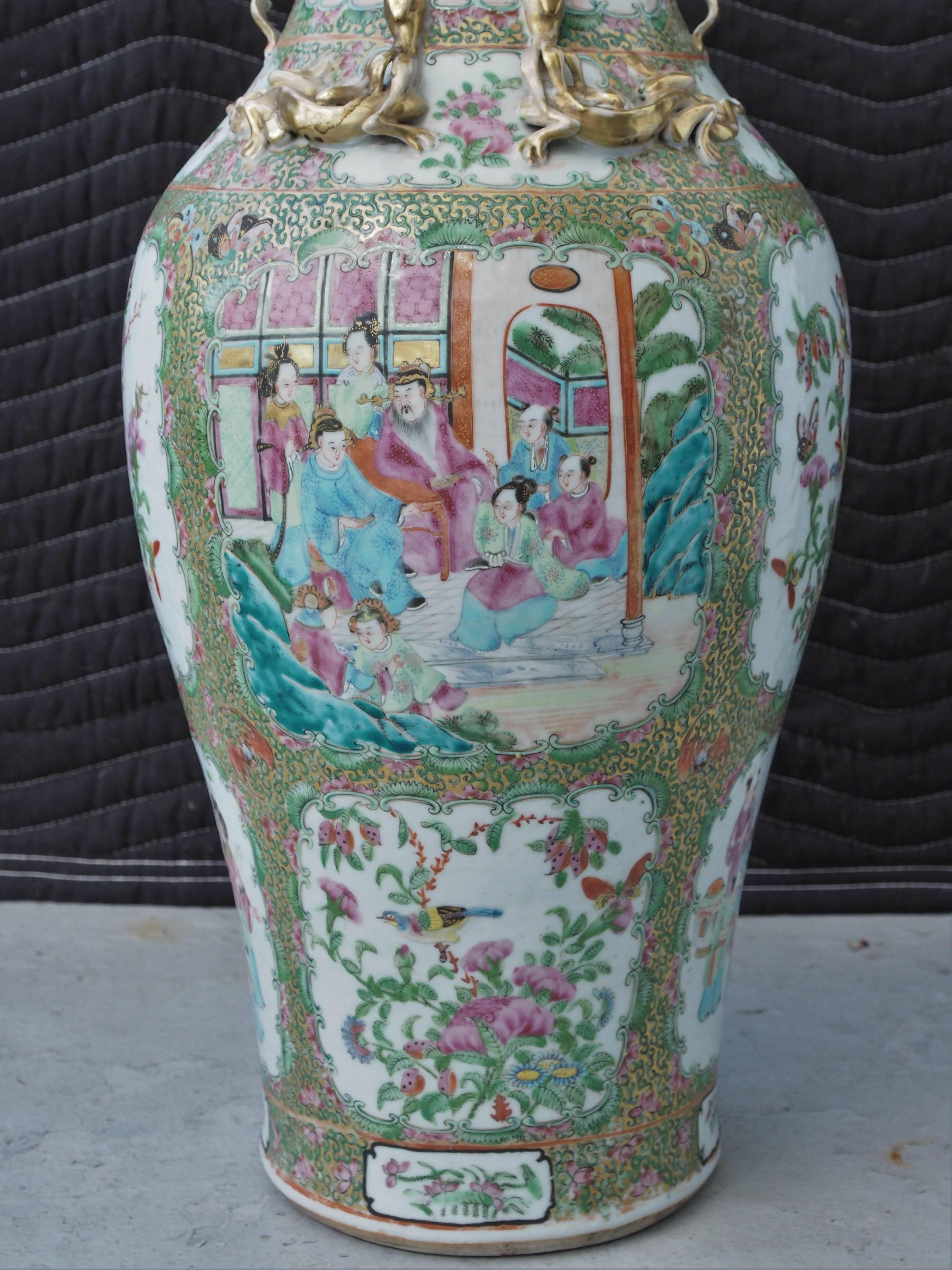 Large Pair of Famille Rose Vases with Foo Dog Handles In Excellent Condition In Natchez, MS