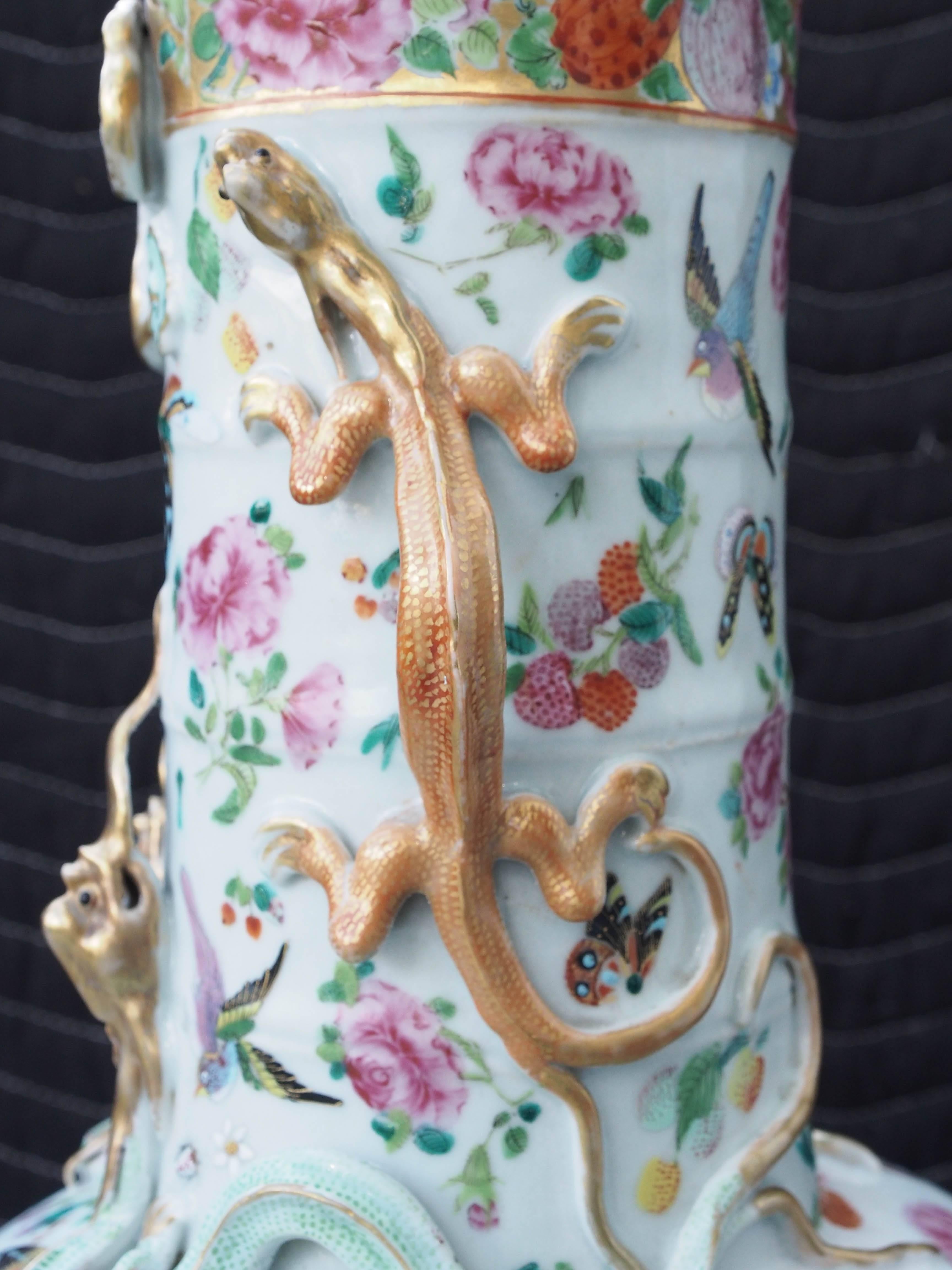 Chinese Famille Rose Pattern Vase with Snake Handles 1