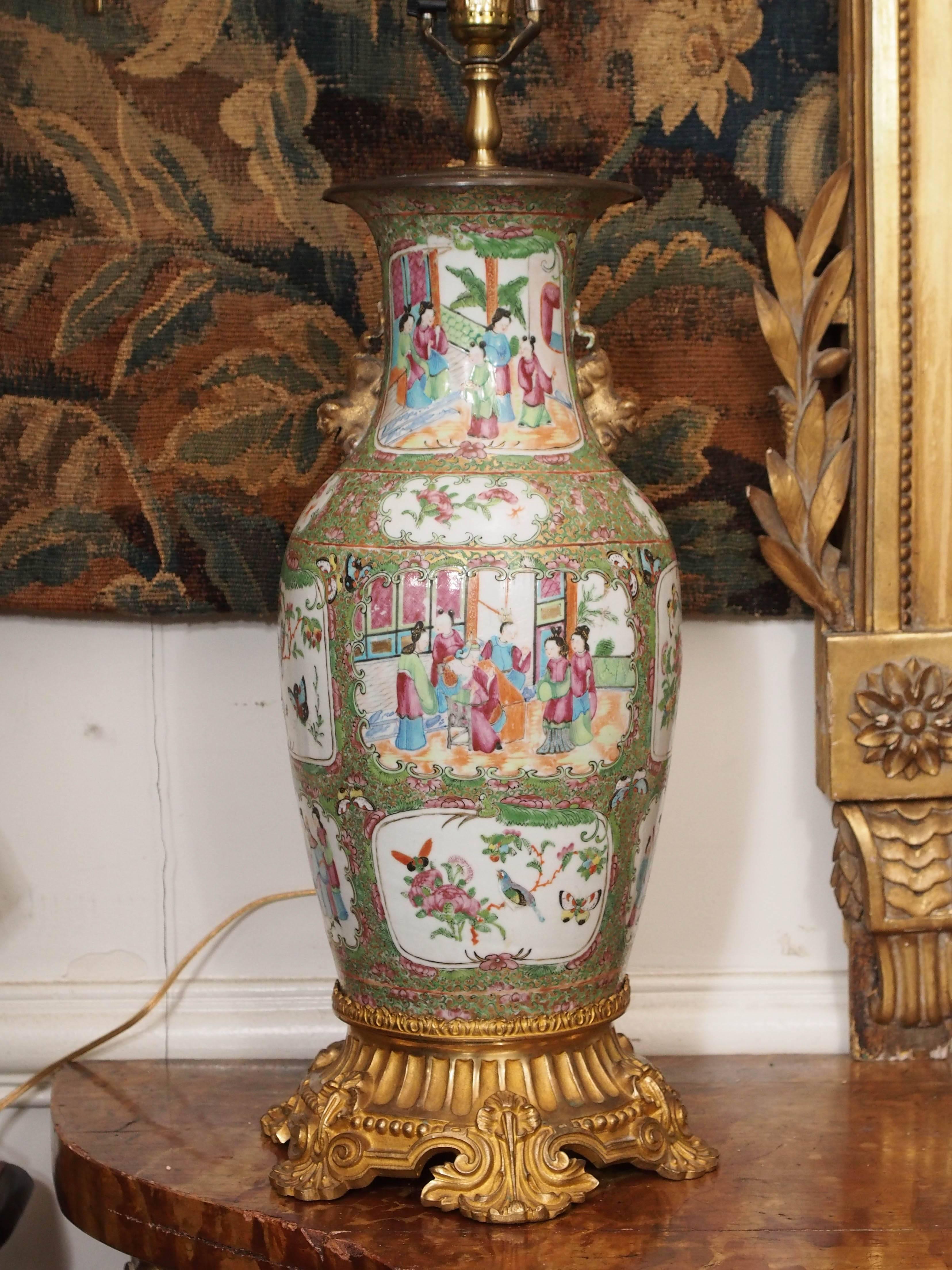 PR of Chinese Famille Rose vase with gilt bronze mounts now wired as lamps.