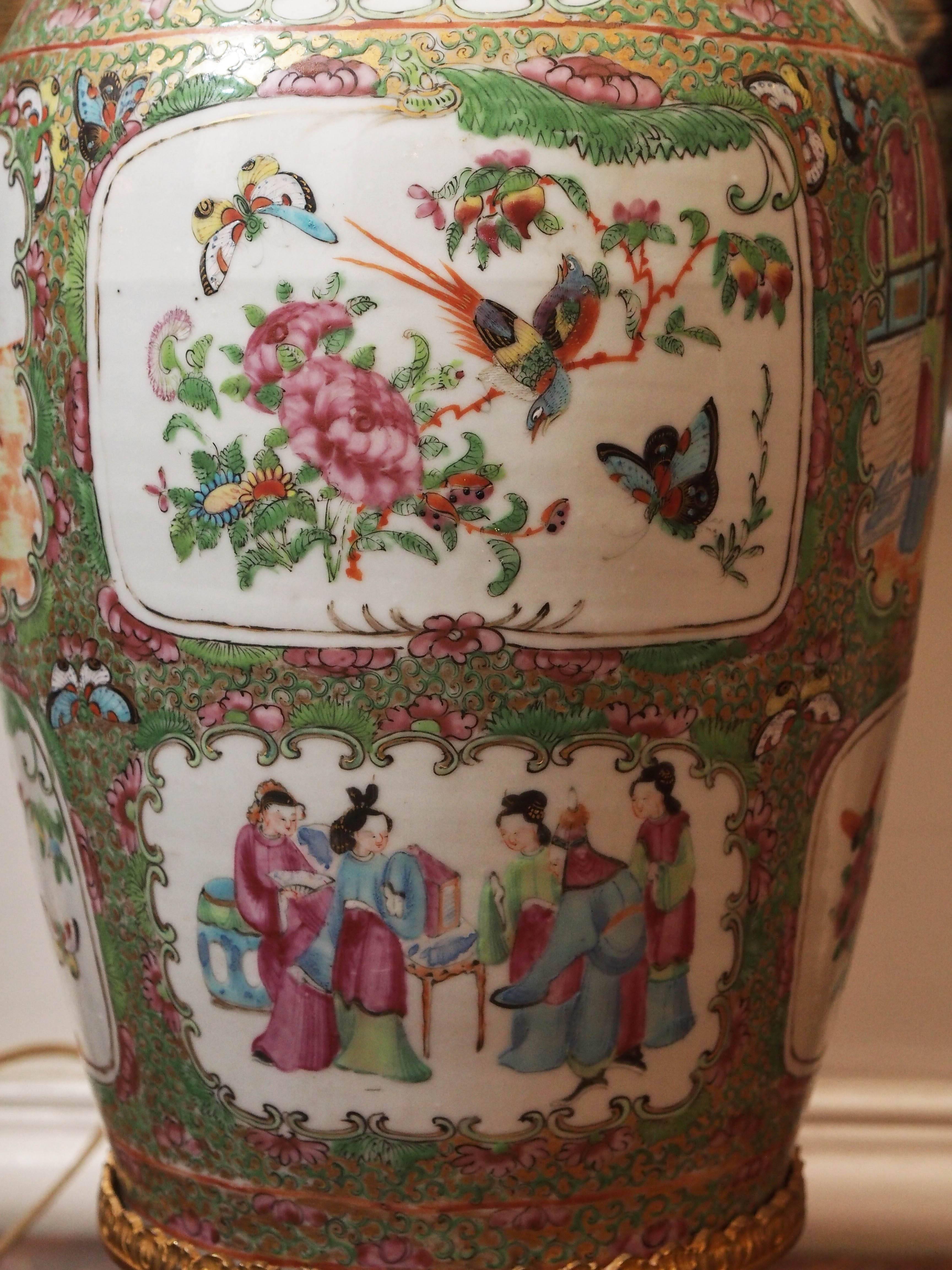Pair of Chinese Famille Rose Vase with Gilt Bronze Mounts Now as Lamps For Sale 4