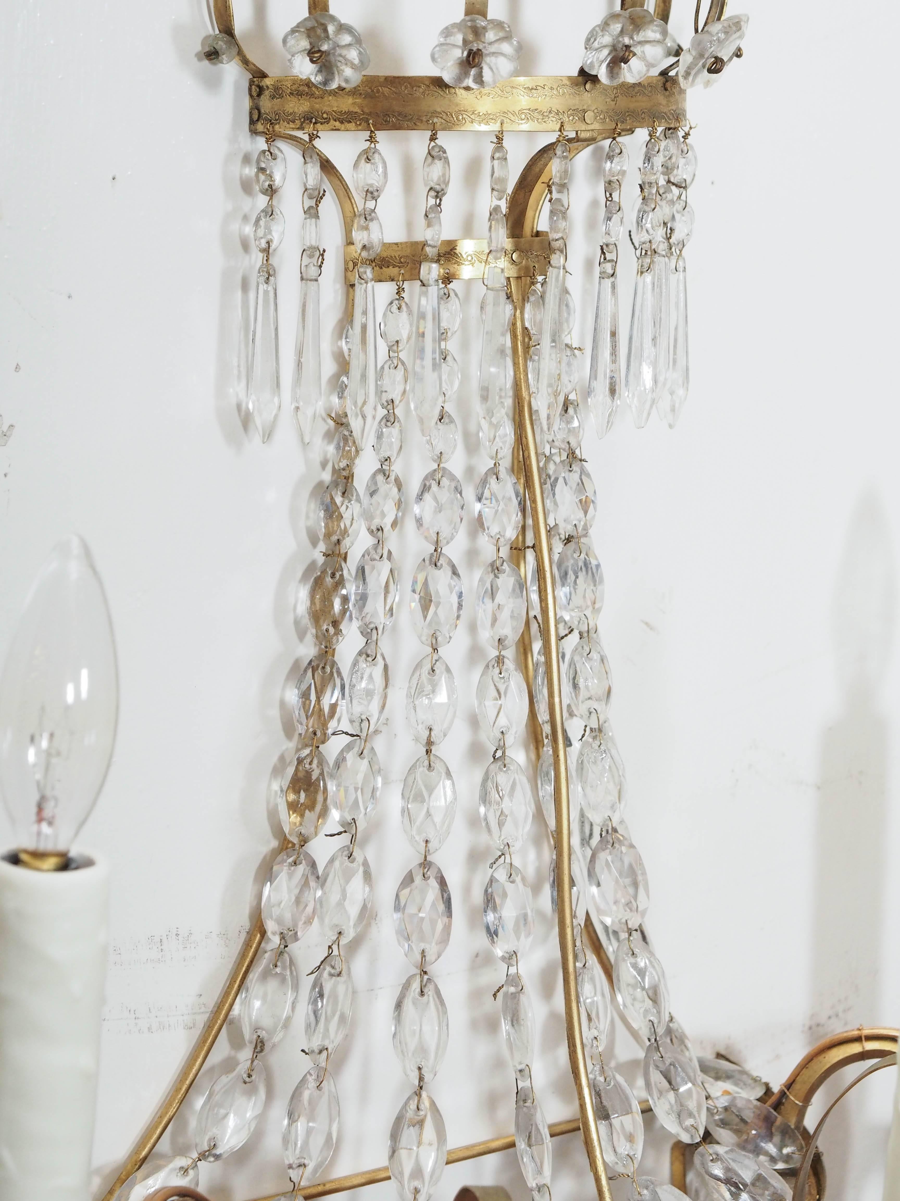 Pair of Italian Empire Style Brass and Crystal Wall Sconces In Good Condition In Natchez, MS