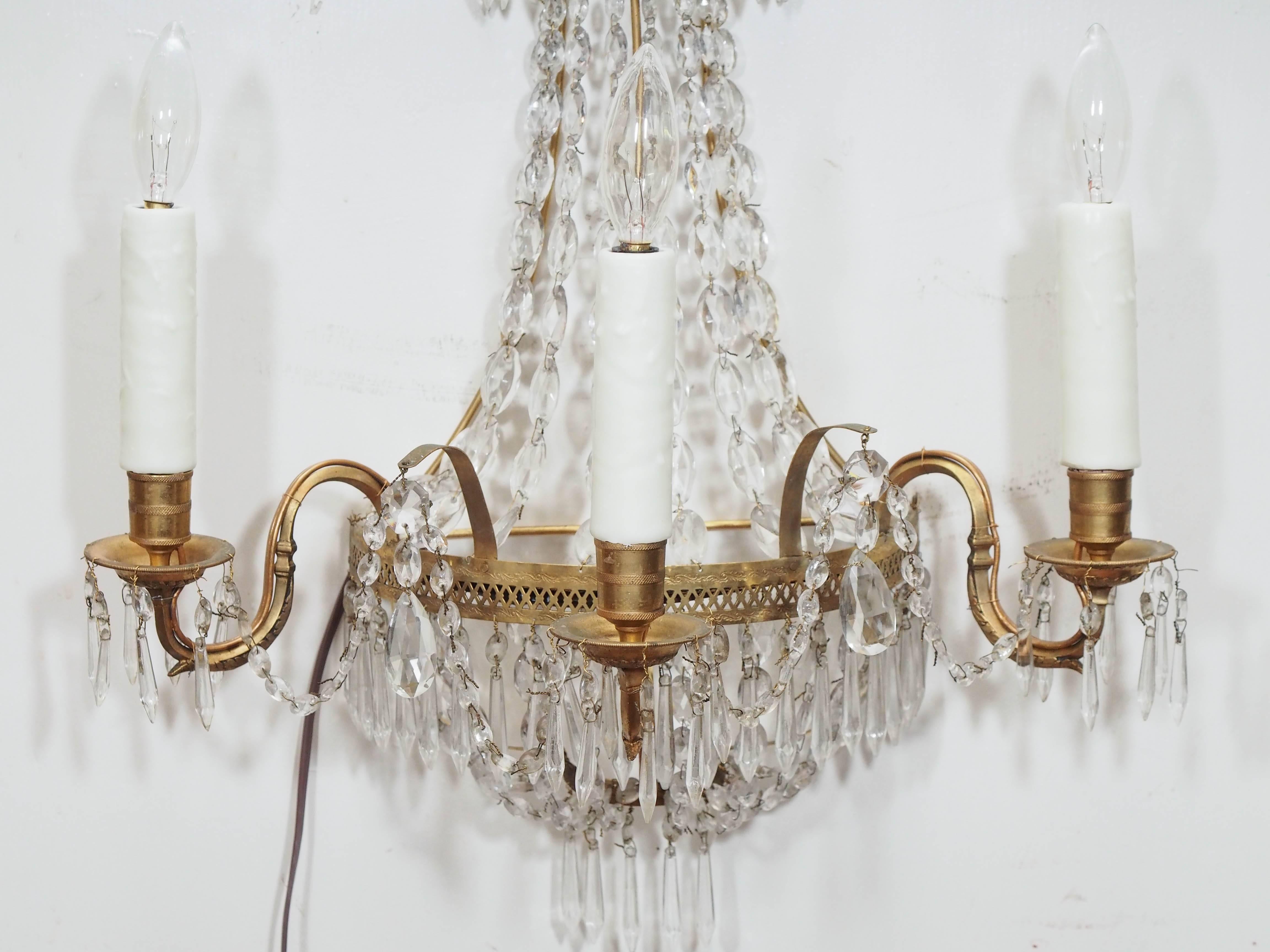 19th Century Pair of Italian Empire Style Brass and Crystal Wall Sconces