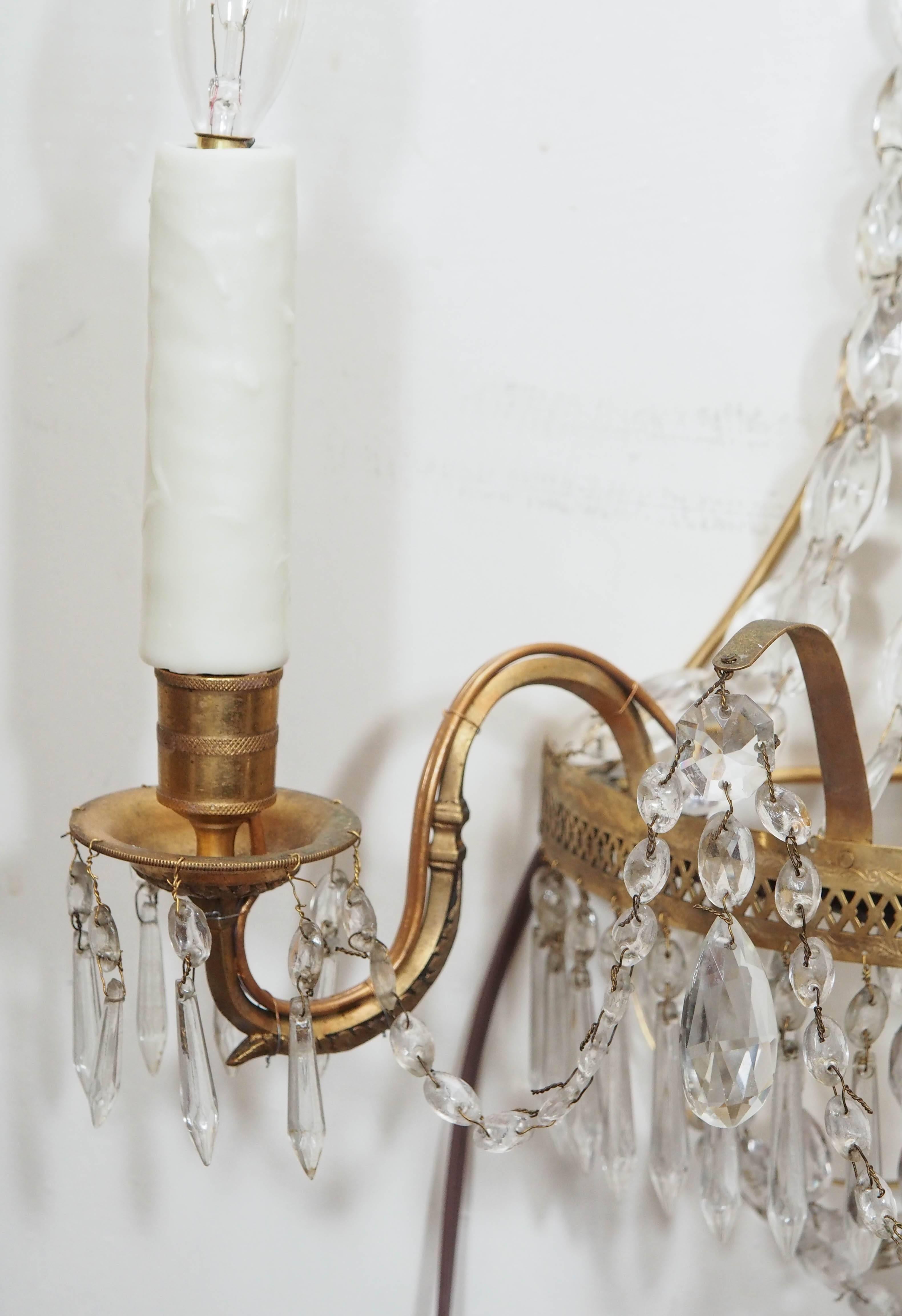 Pair of Italian Empire Style Brass and Crystal Wall Sconces 1