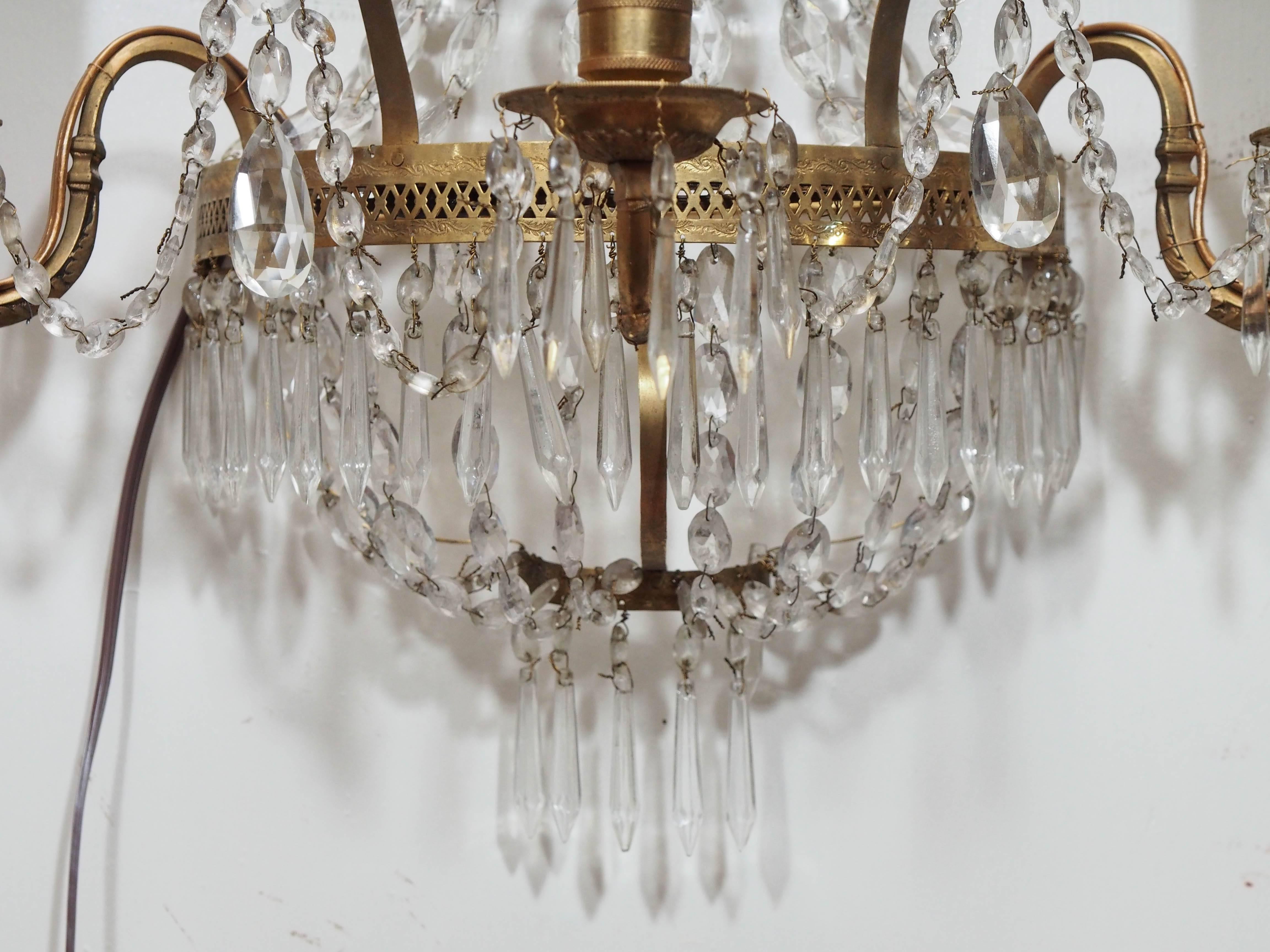 Pair of Italian Empire Style Brass and Crystal Wall Sconces 2