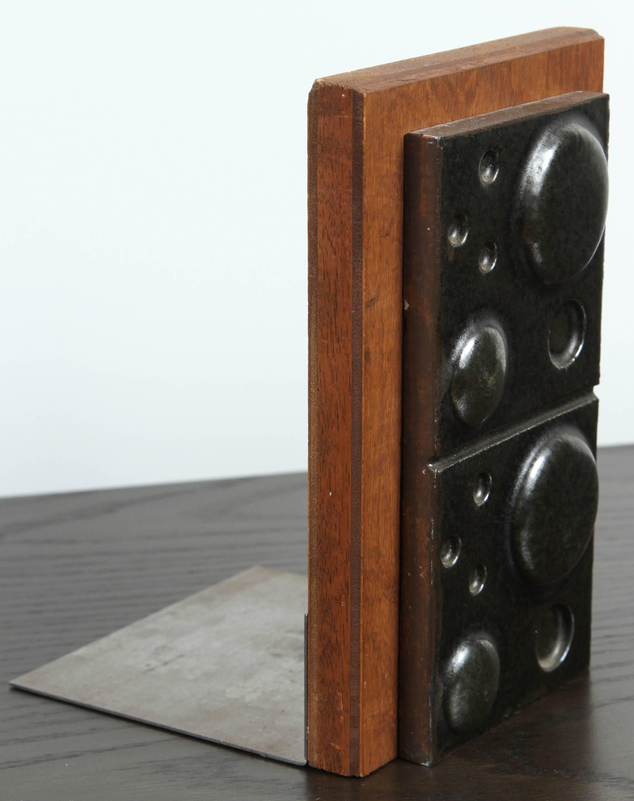 Mid-Century Modern Black Ceramic and Teak Bookends by Martz