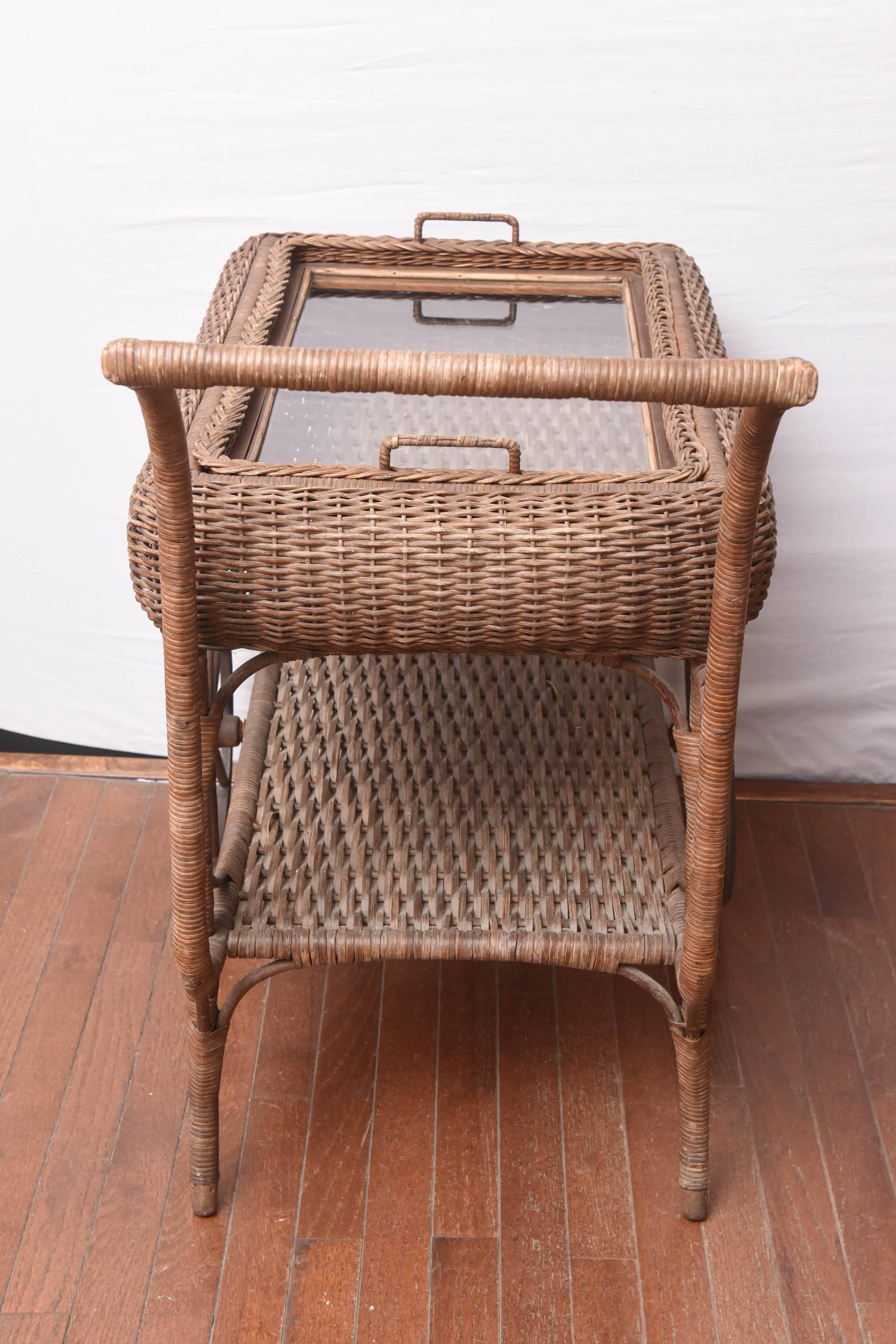 American Antique All Original Wicker Bar Cart, with Removable Tray for Service