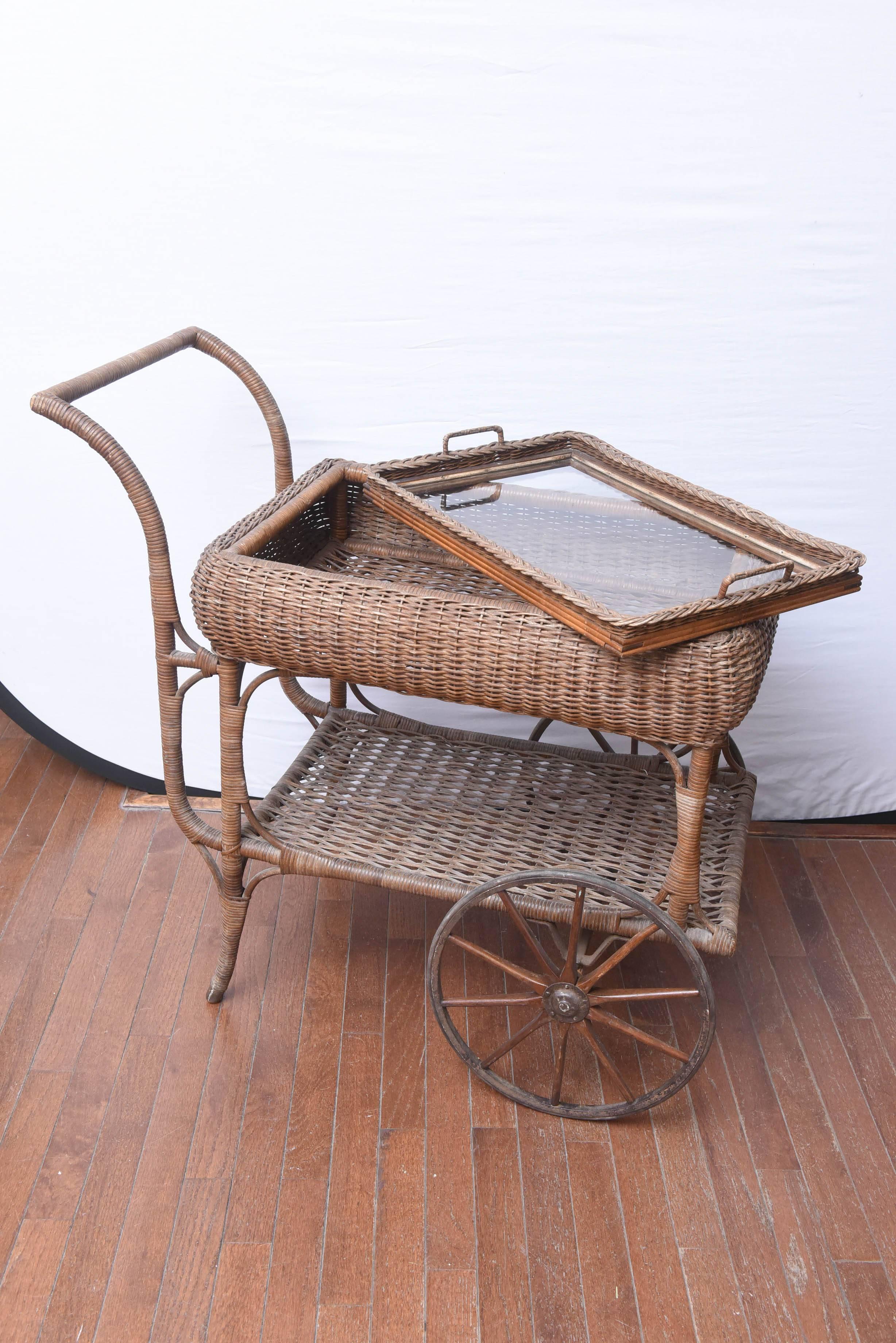 Mid-20th Century Antique All Original Wicker Bar Cart, with Removable Tray for Service