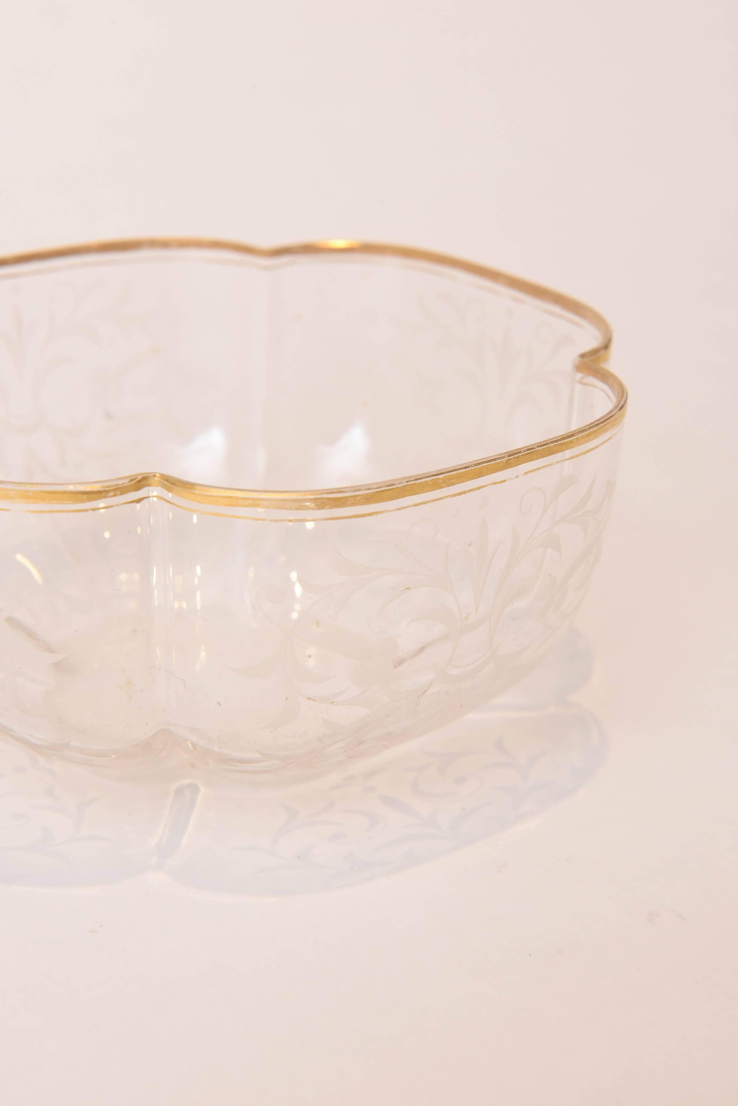 Late 19th Century Ten Exquisite Sets of Antique Moser Quatre Foil Bowls with Underplates