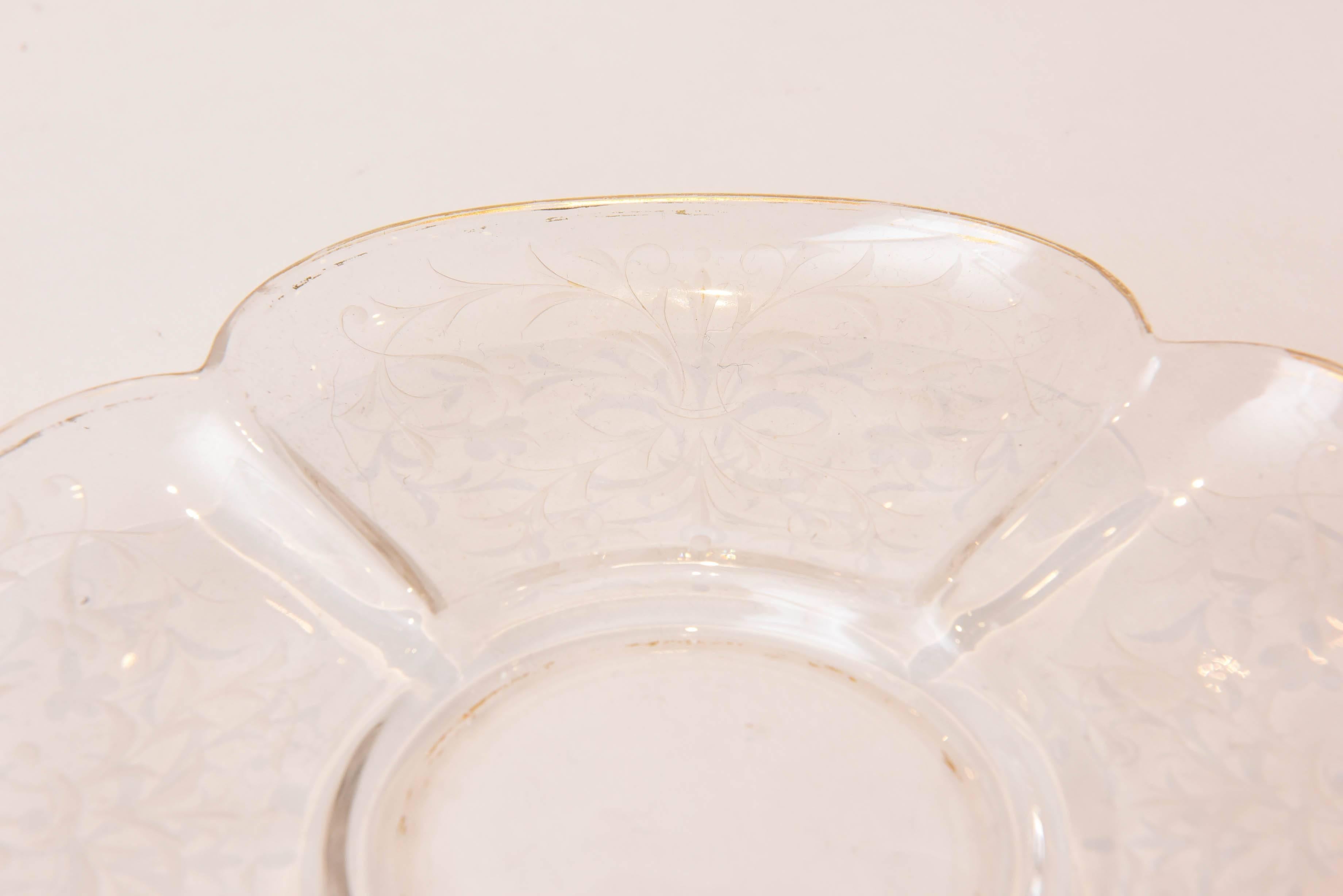 Blown Glass Ten Exquisite Sets of Antique Moser Quatre Foil Bowls with Underplates