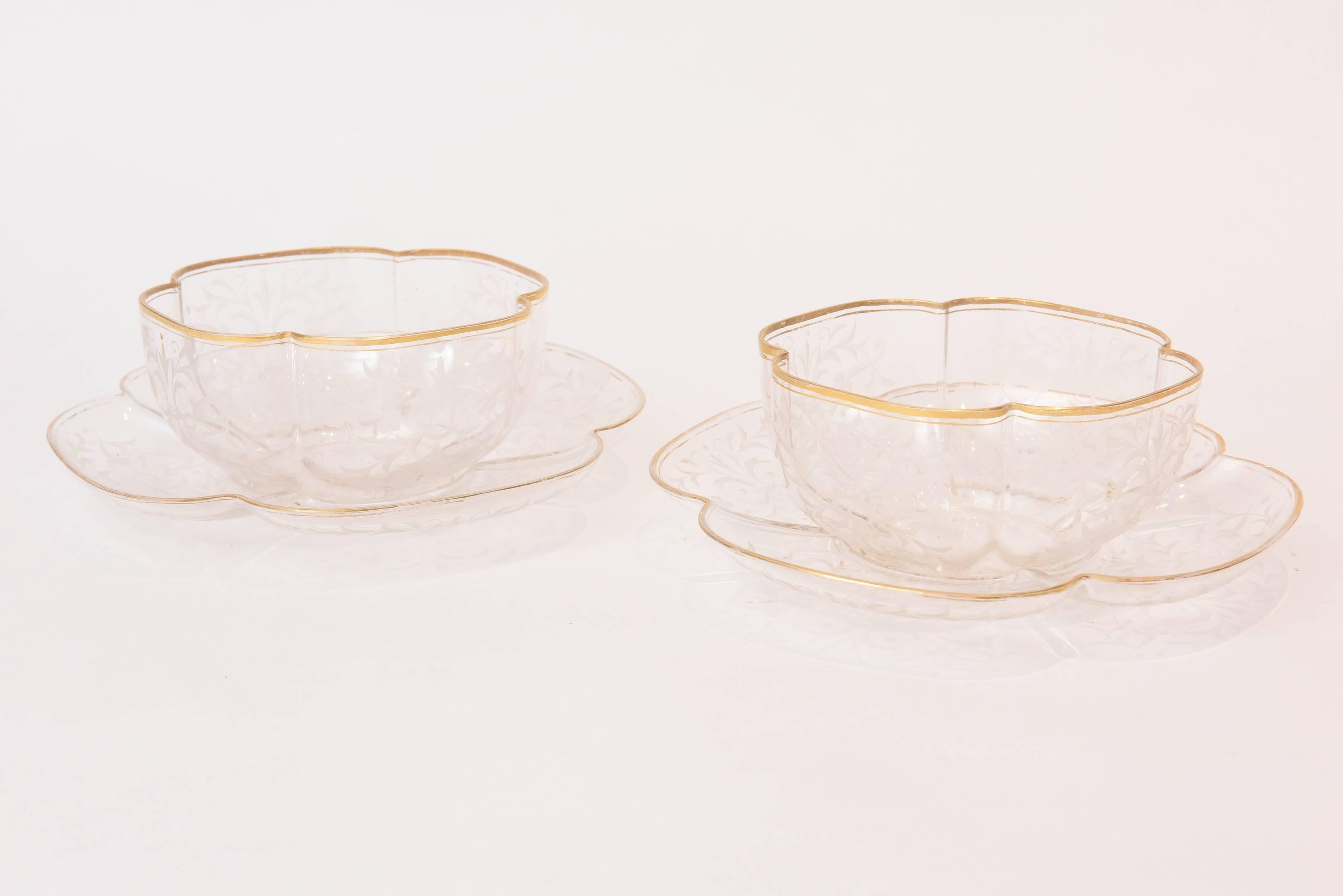 Ten Exquisite Sets of Antique Moser Quatre Foil Bowls with Underplates 1