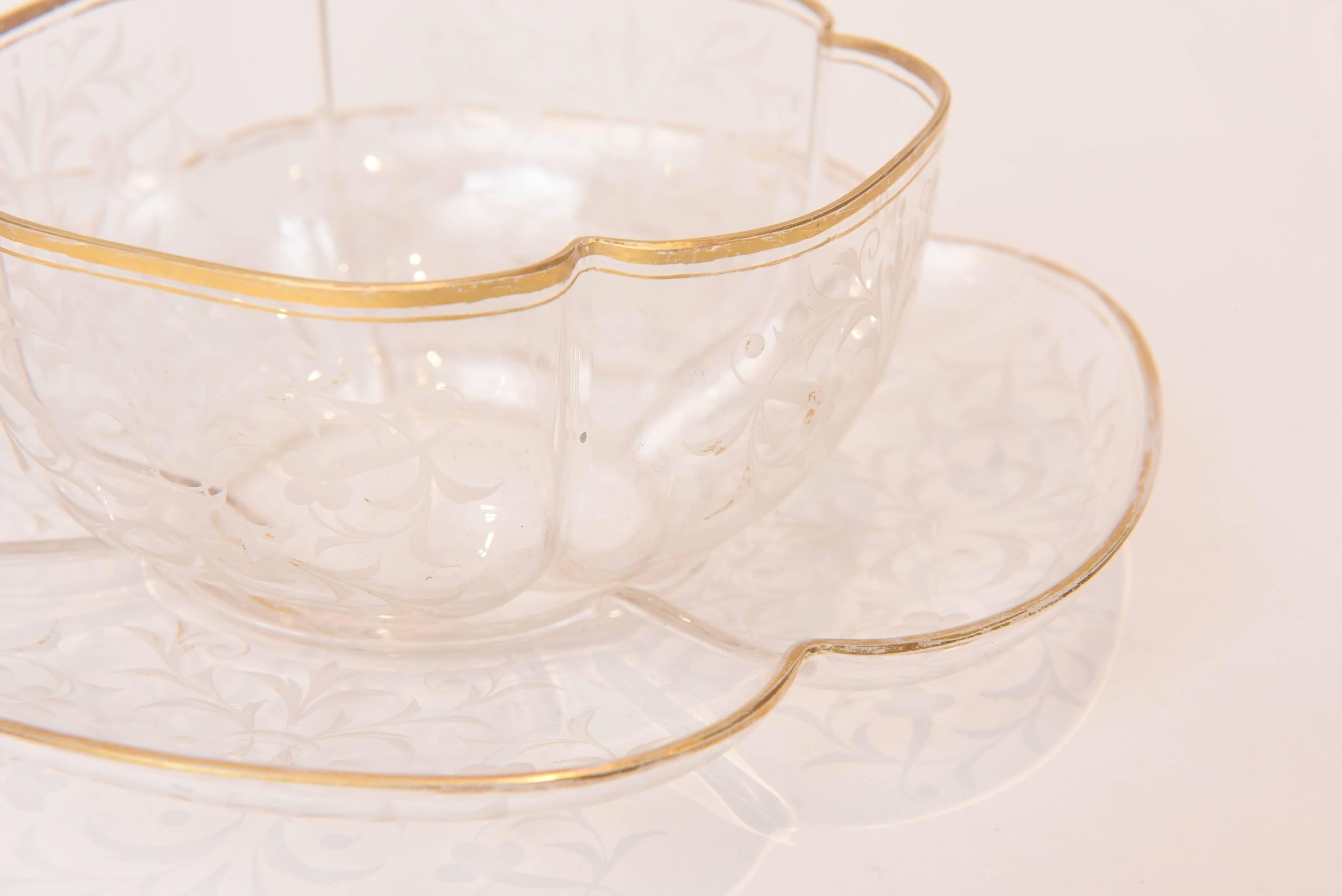 Ten Exquisite Sets of Antique Moser Quatre Foil Bowls with Underplates 2