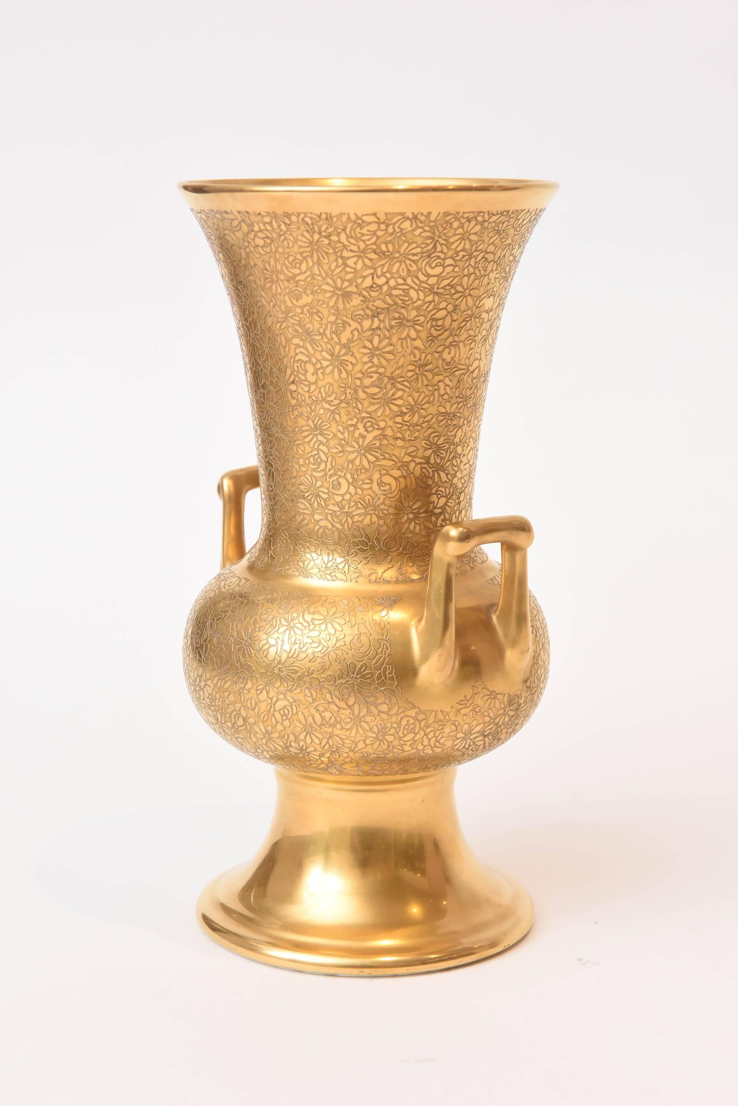 American Antique All-Over 24-Karat Gold Acid Etched Handel Vase with Light Green Interior