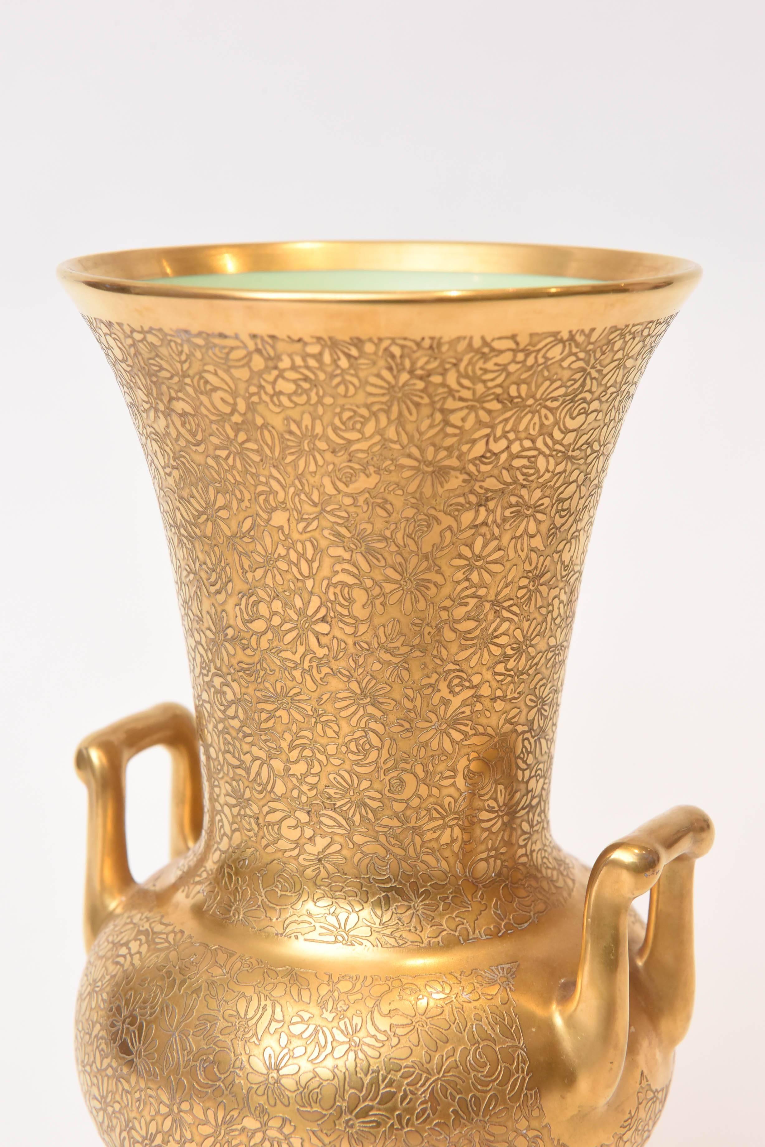 Hand-Crafted Antique All-Over 24-Karat Gold Acid Etched Handel Vase with Light Green Interior