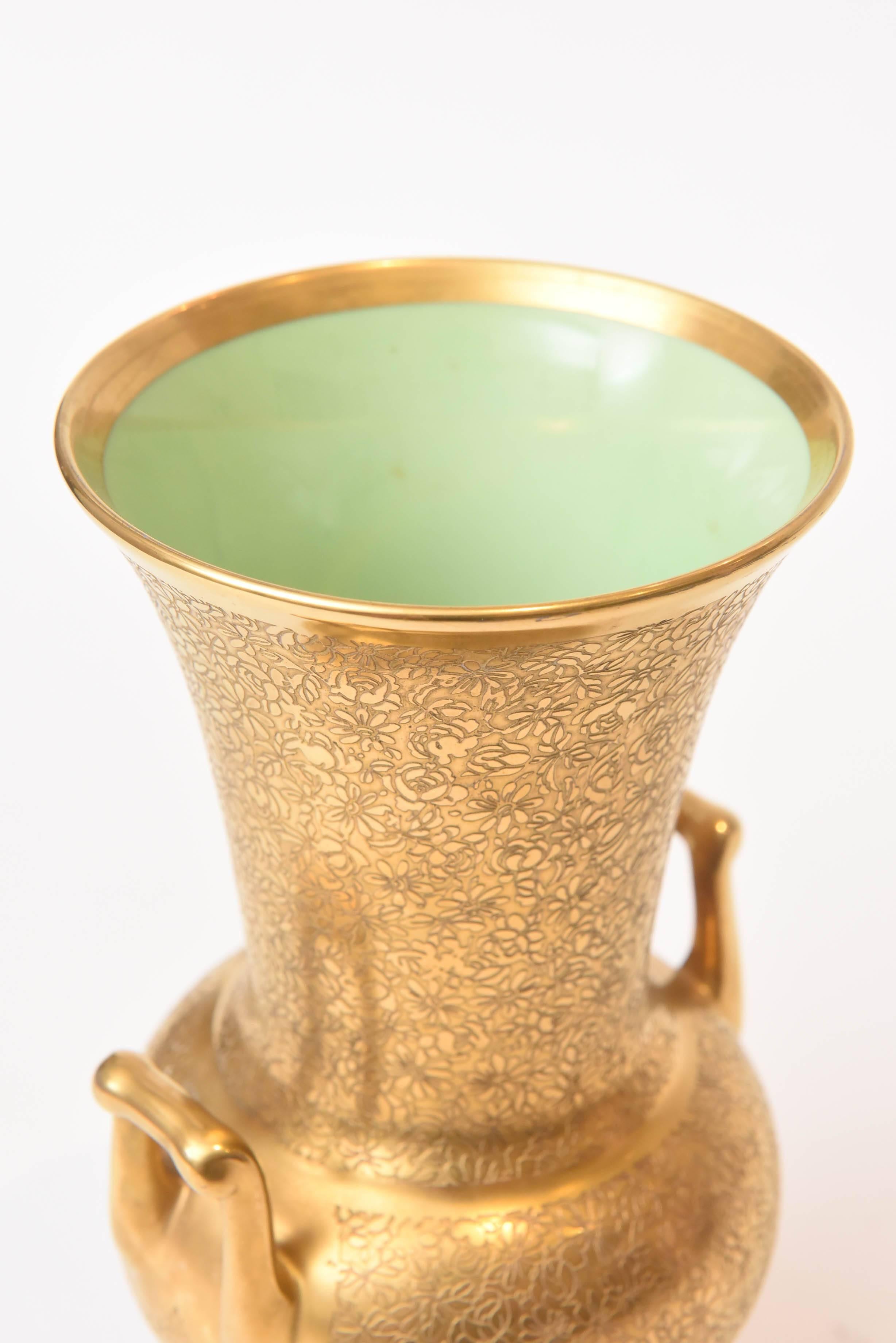 Early 20th Century Antique All-Over 24-Karat Gold Acid Etched Handel Vase with Light Green Interior