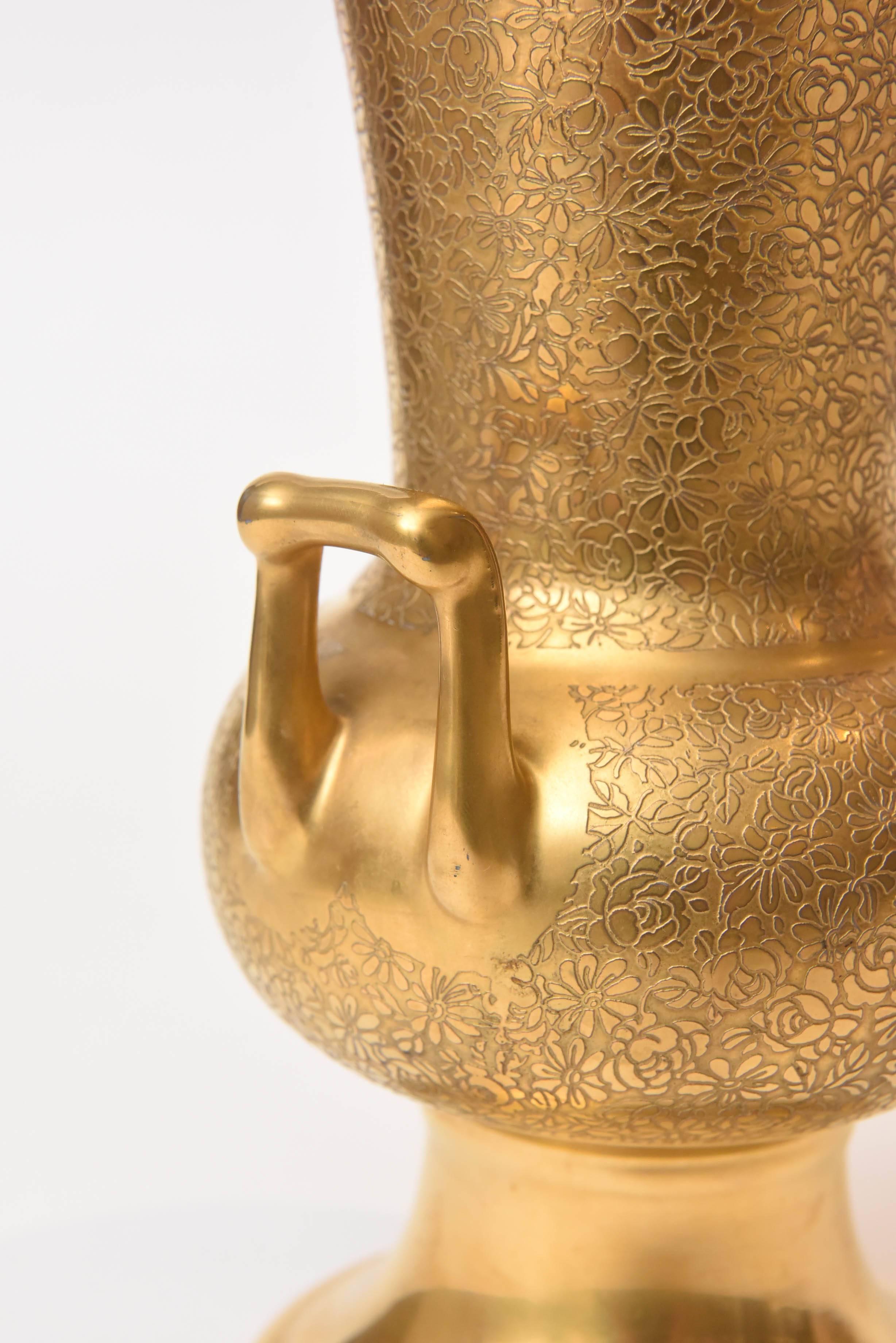 Antique All-Over 24-Karat Gold Acid Etched Handel Vase with Light Green Interior 3