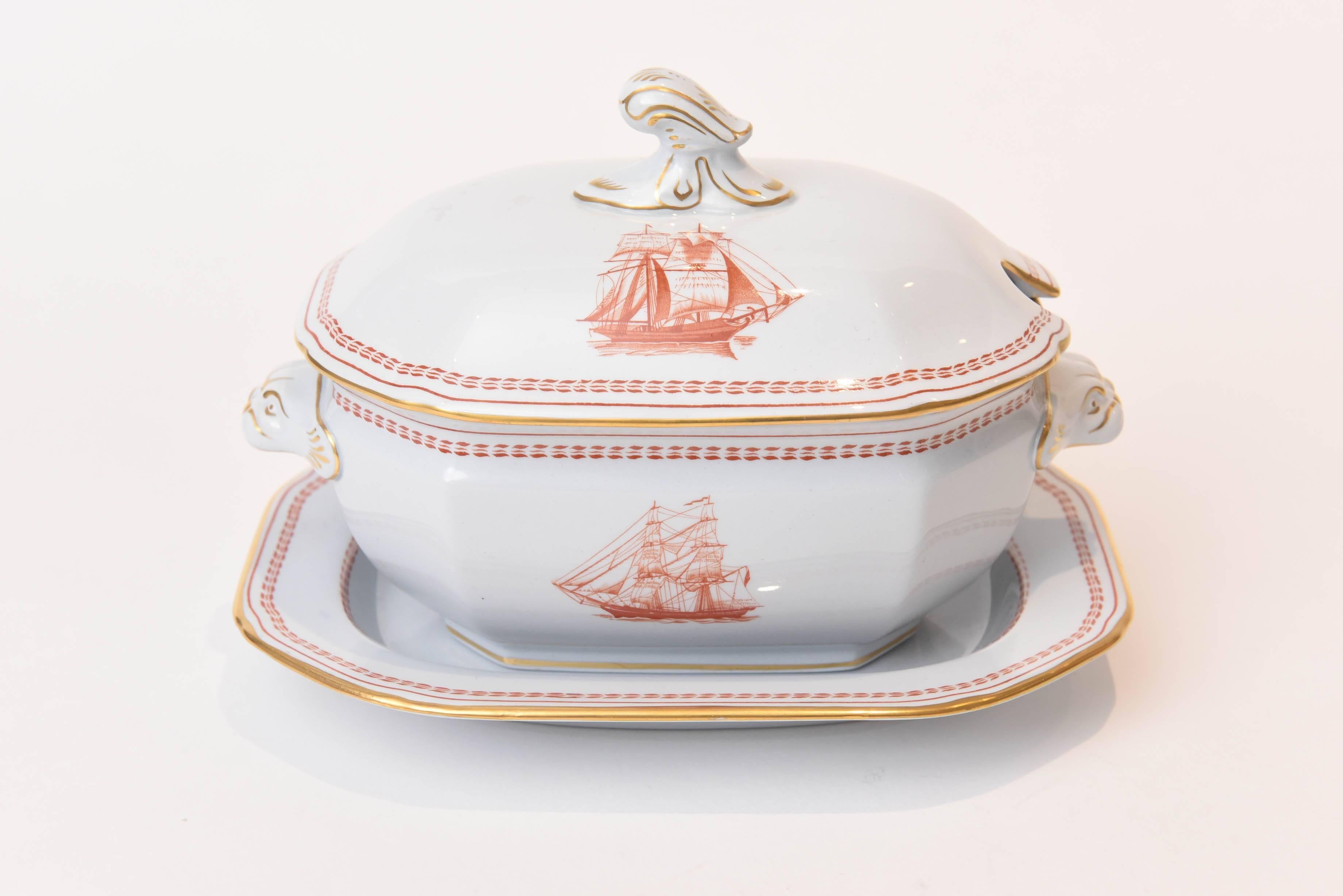 One of Spode England's classic patterns featuring a blue/grey porcelain ground with a Chinese Export styling of foo dog handles and red rope trim. Classic clipper ships are transferred on in great detail. This is the sauce boat size but would also
