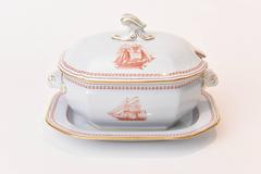 Spode Tradewinds Clipper Ship Red Chinese Export Style Sauce Tureen and Stand