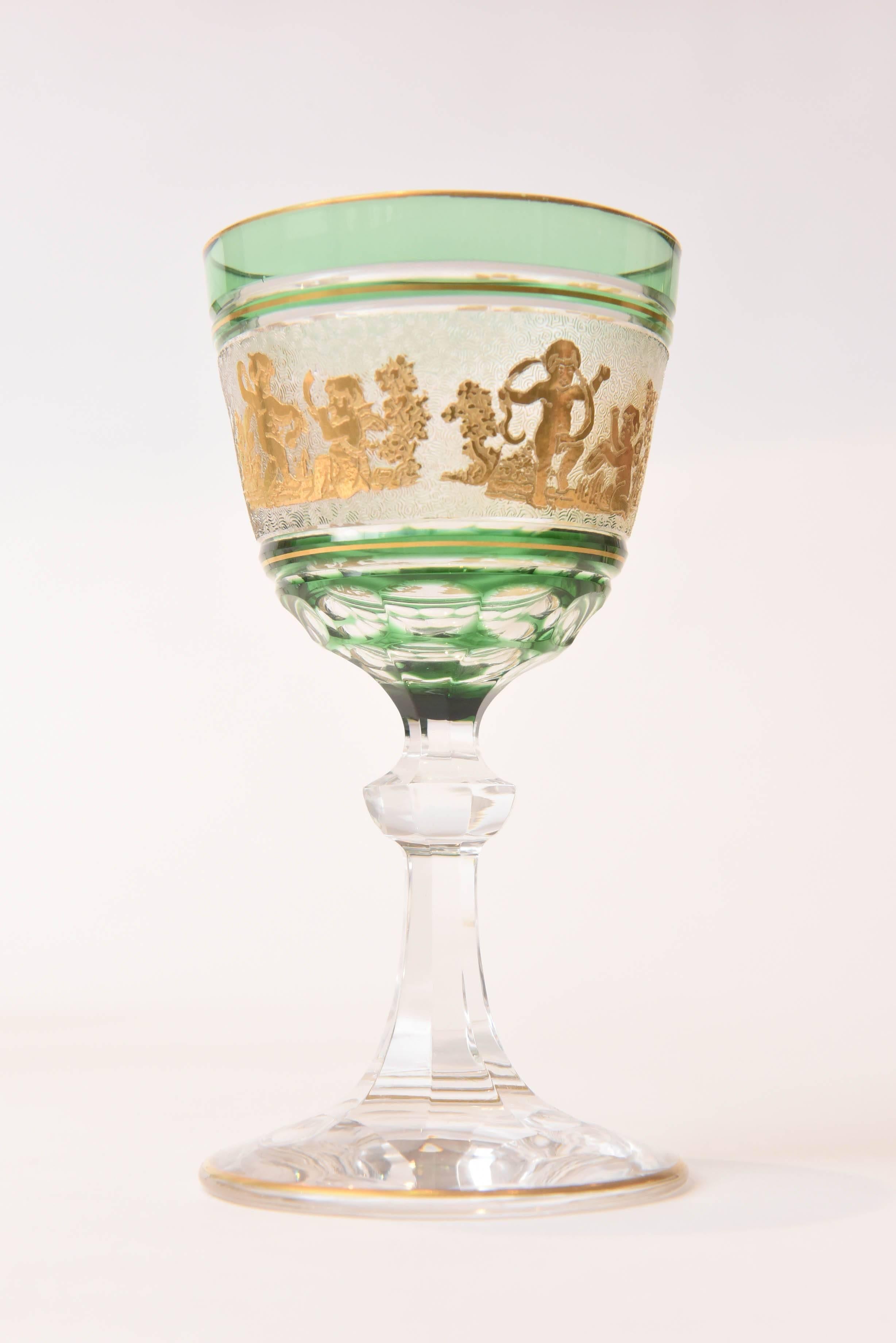 Early 20th Century Set of Six Val St Lambert Green and Gold Cameo Figures Fine Crystal Wine Glasses