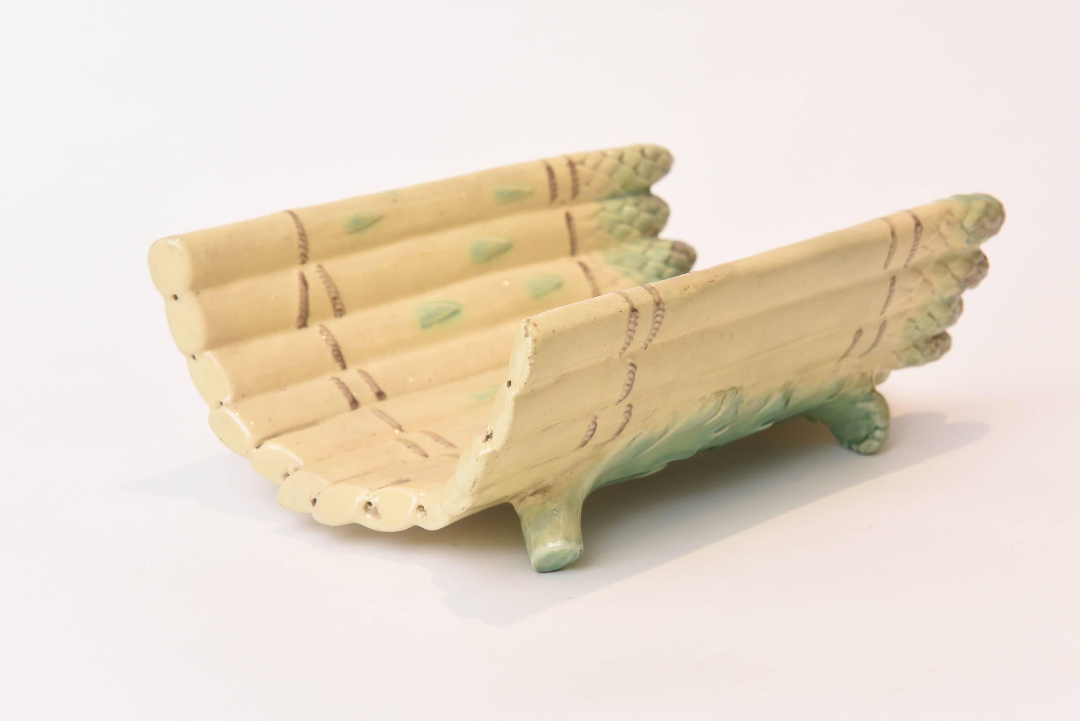 Late 19th Century Antique Majolica Asparagus Cradle, Hand-Painted with Pedestal Feet
