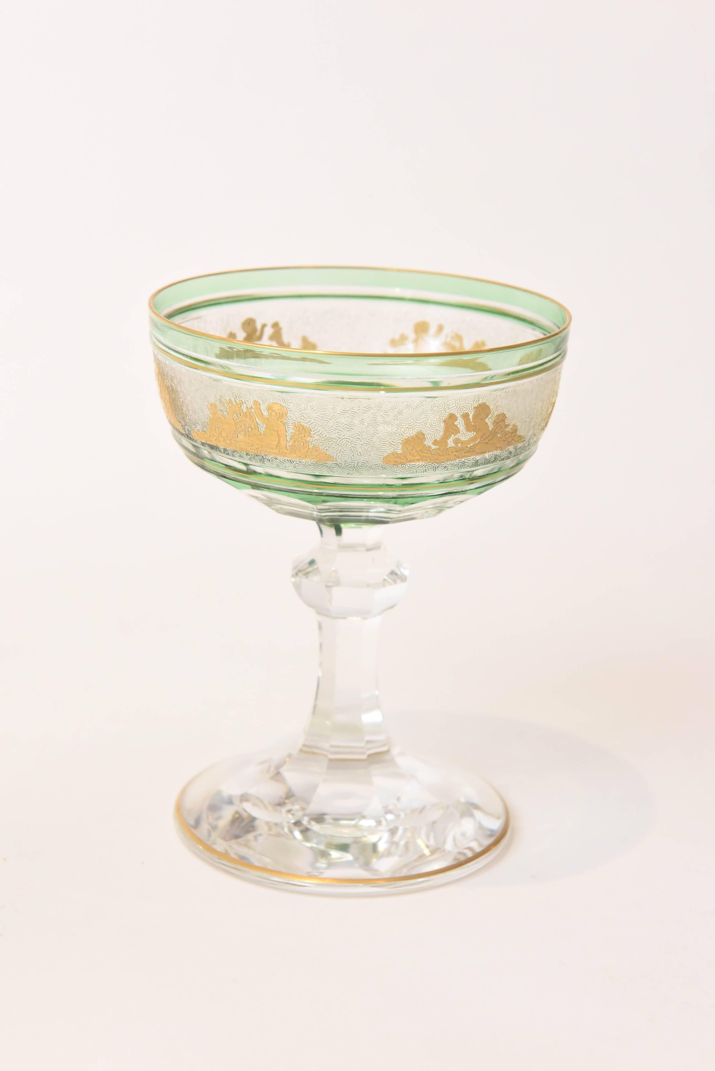 Belgian Nine Val Saint Lambert Green and Gilded Cameo Figure Champagne Coupes
