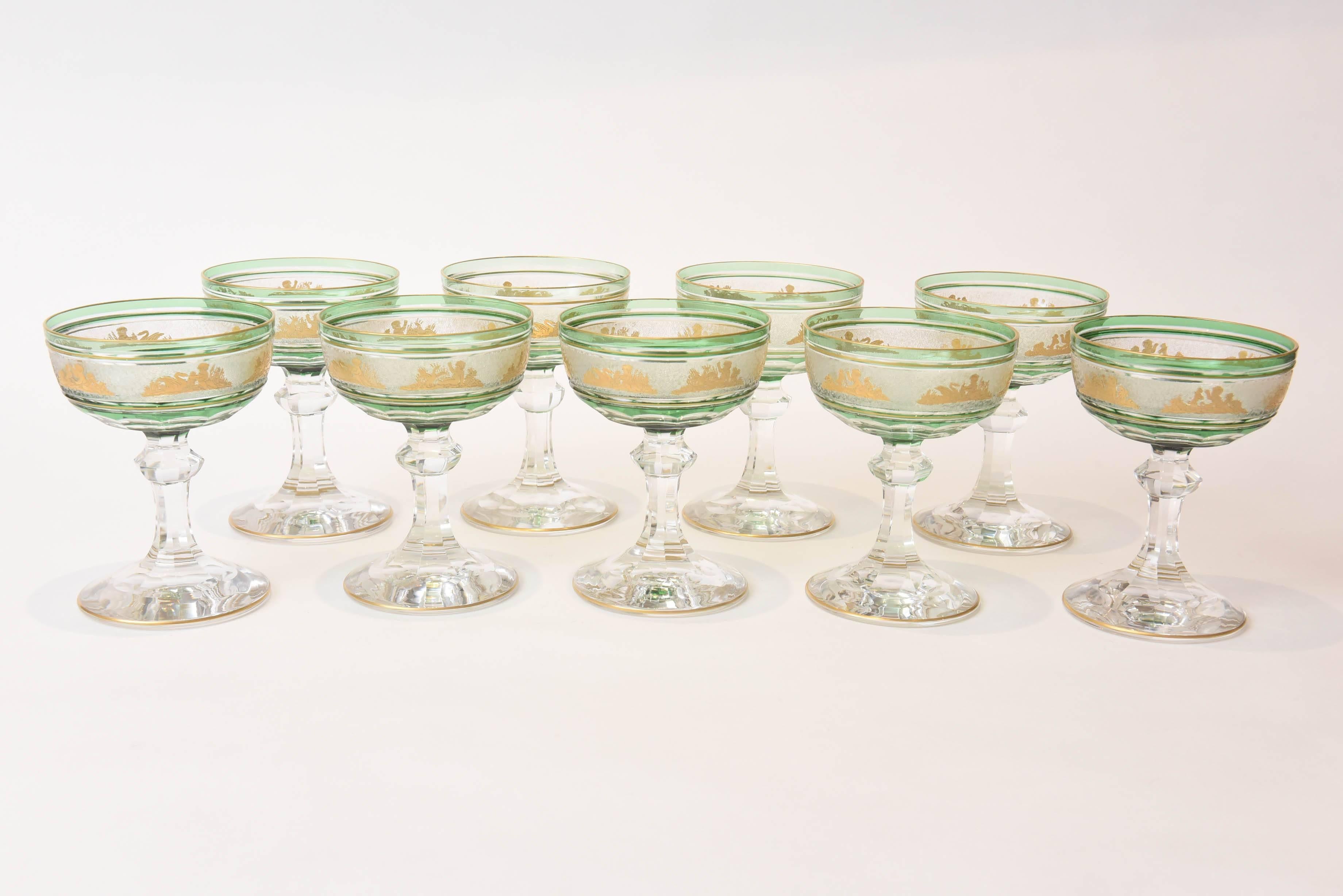 Hand-Crafted Nine Val Saint Lambert Green and Gilded Cameo Figure Champagne Coupes