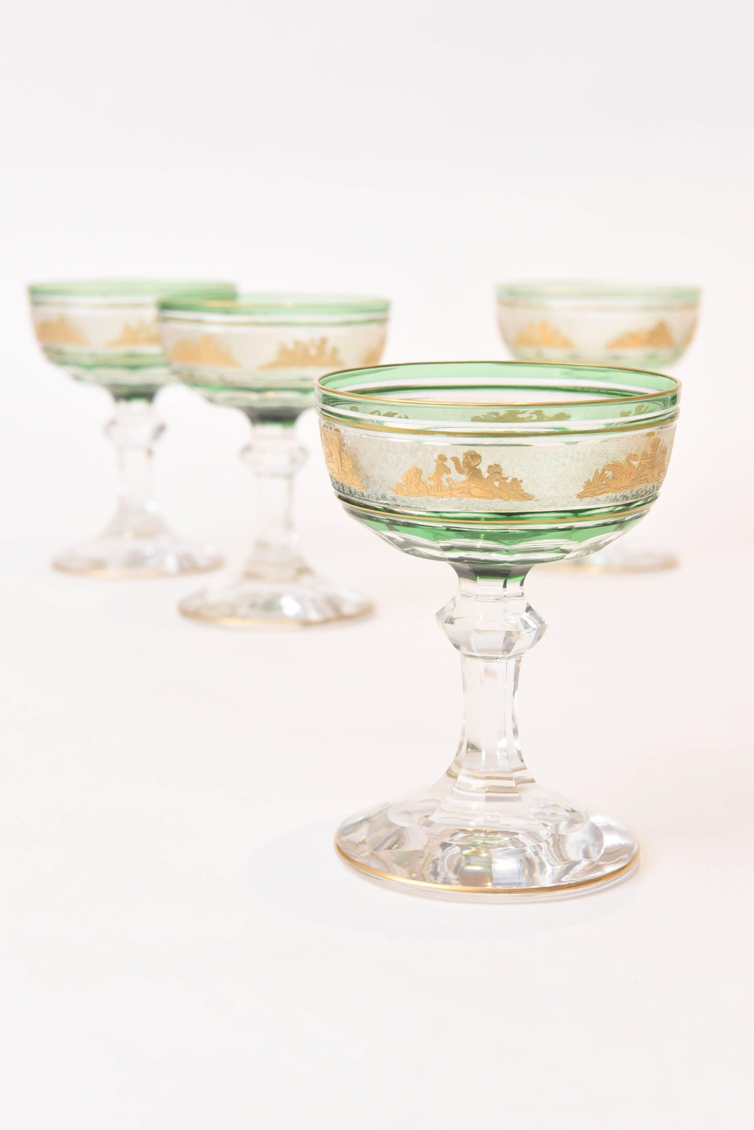 Gold Nine Val Saint Lambert Green and Gilded Cameo Figure Champagne Coupes