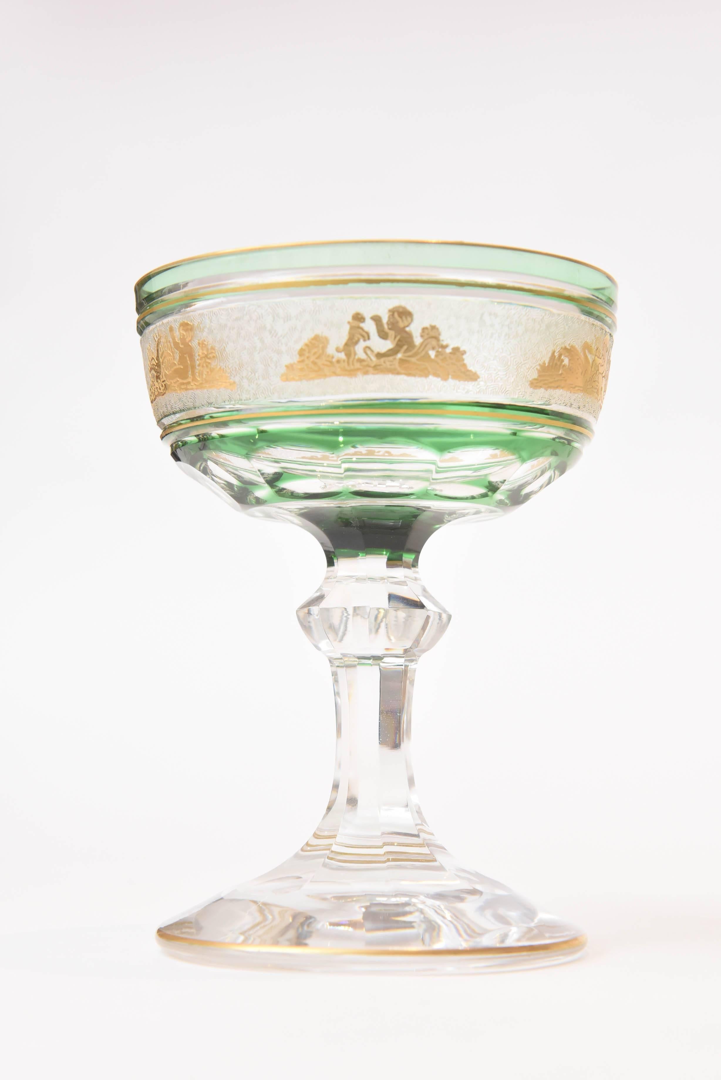 Nine Val Saint Lambert Green and Gilded Cameo Figure Champagne Coupes 1