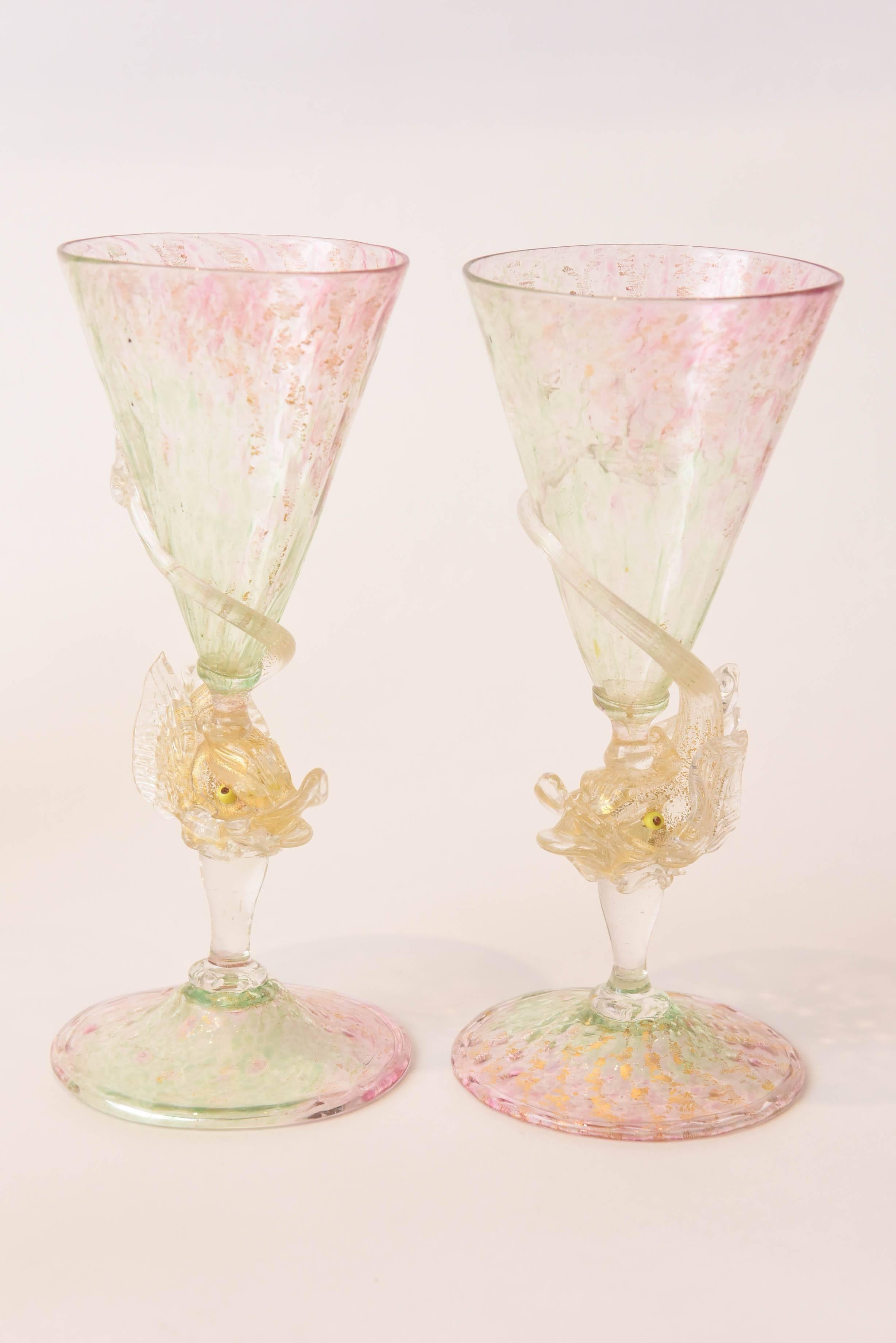 Italian Antique Venetian Goblets, Pink-Green with Dolphin Figural Stems. Sold Individual