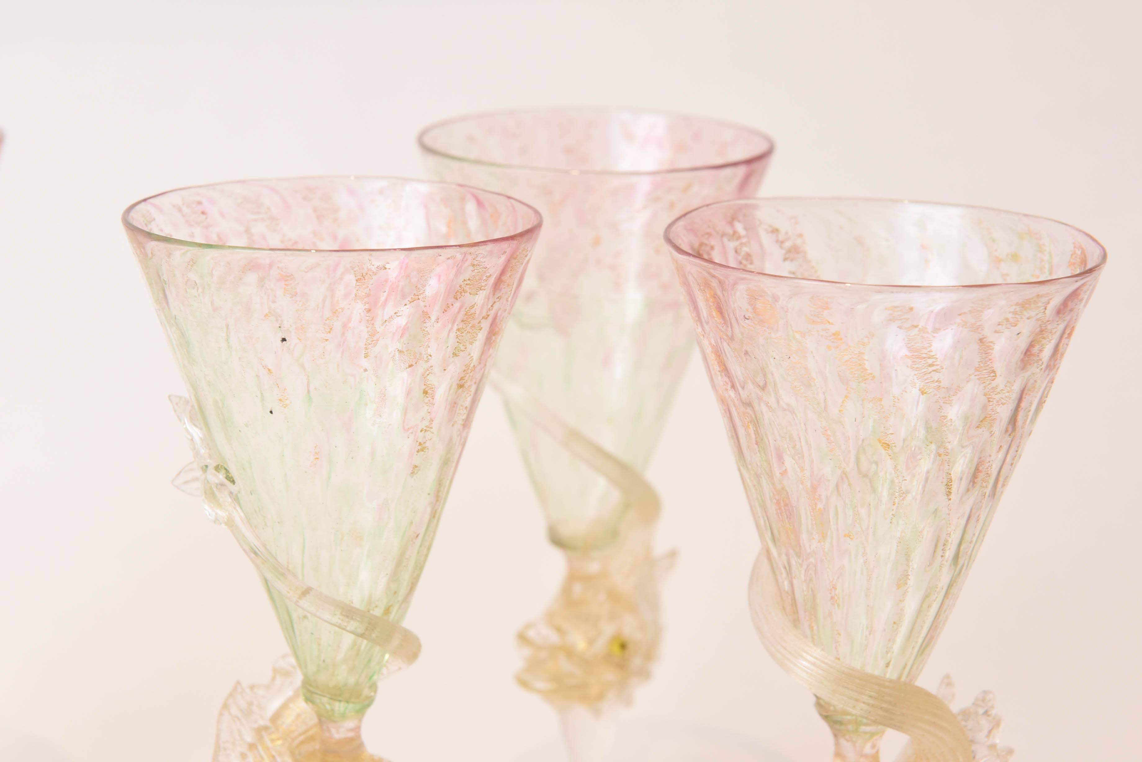Antique Venetian Goblets, Pink-Green with Dolphin Figural Stems. Sold Individual In Good Condition In West Palm Beach, FL
