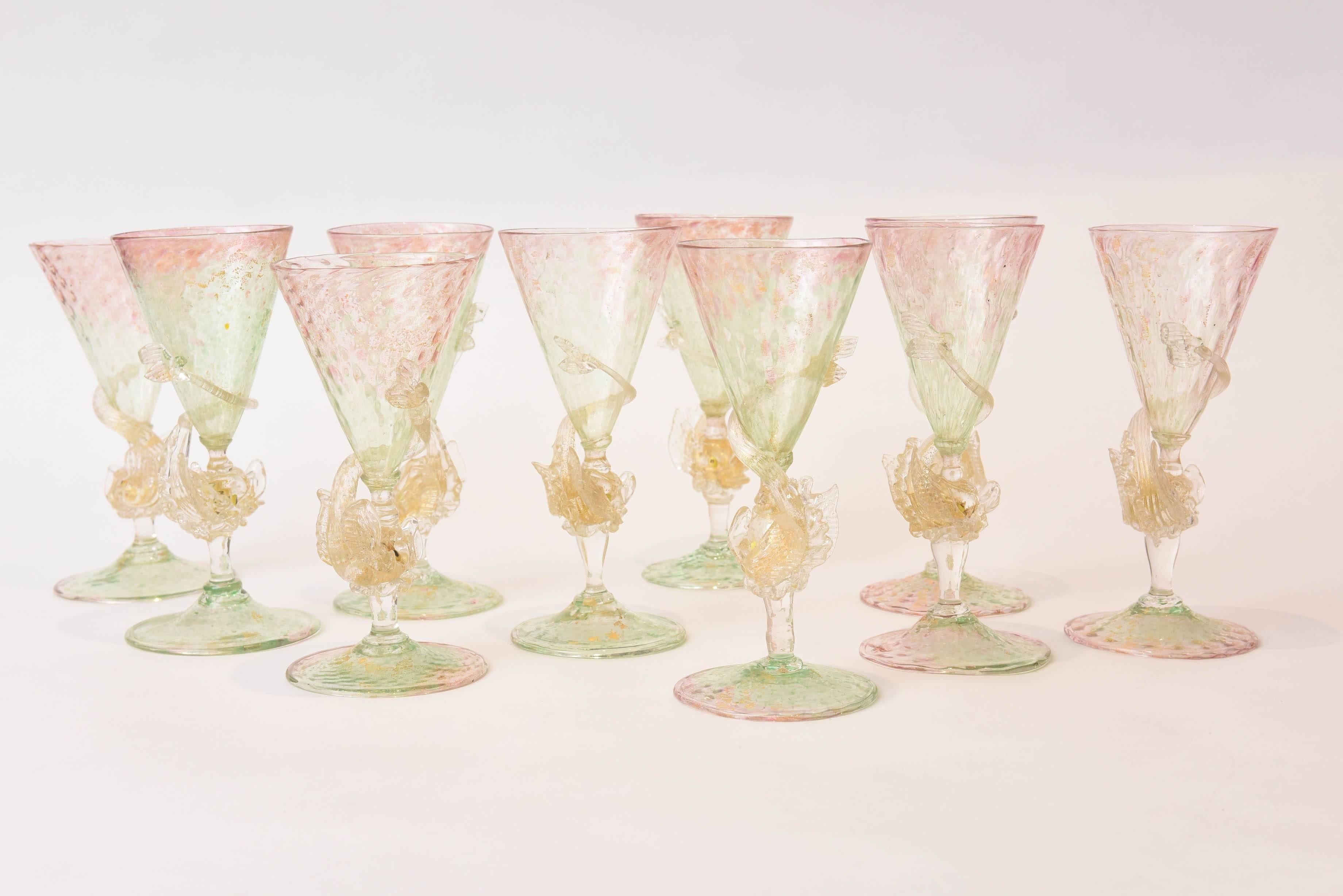 Art Glass Antique Venetian Goblets, Pink-Green with Dolphin Figural Stems. Sold Individual