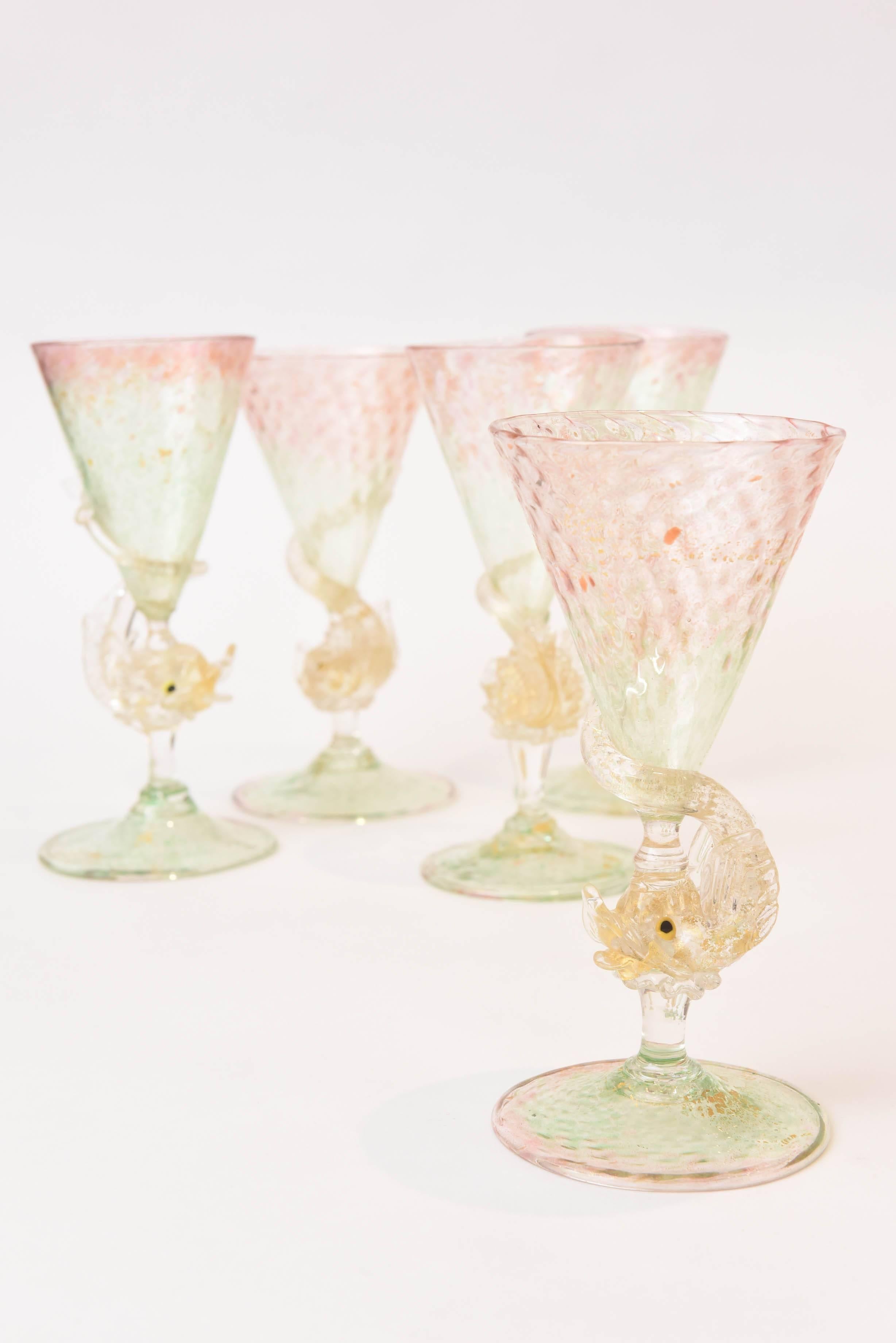 Antique Venetian Goblets, Pink-Green with Dolphin Figural Stems. Sold Individual 2