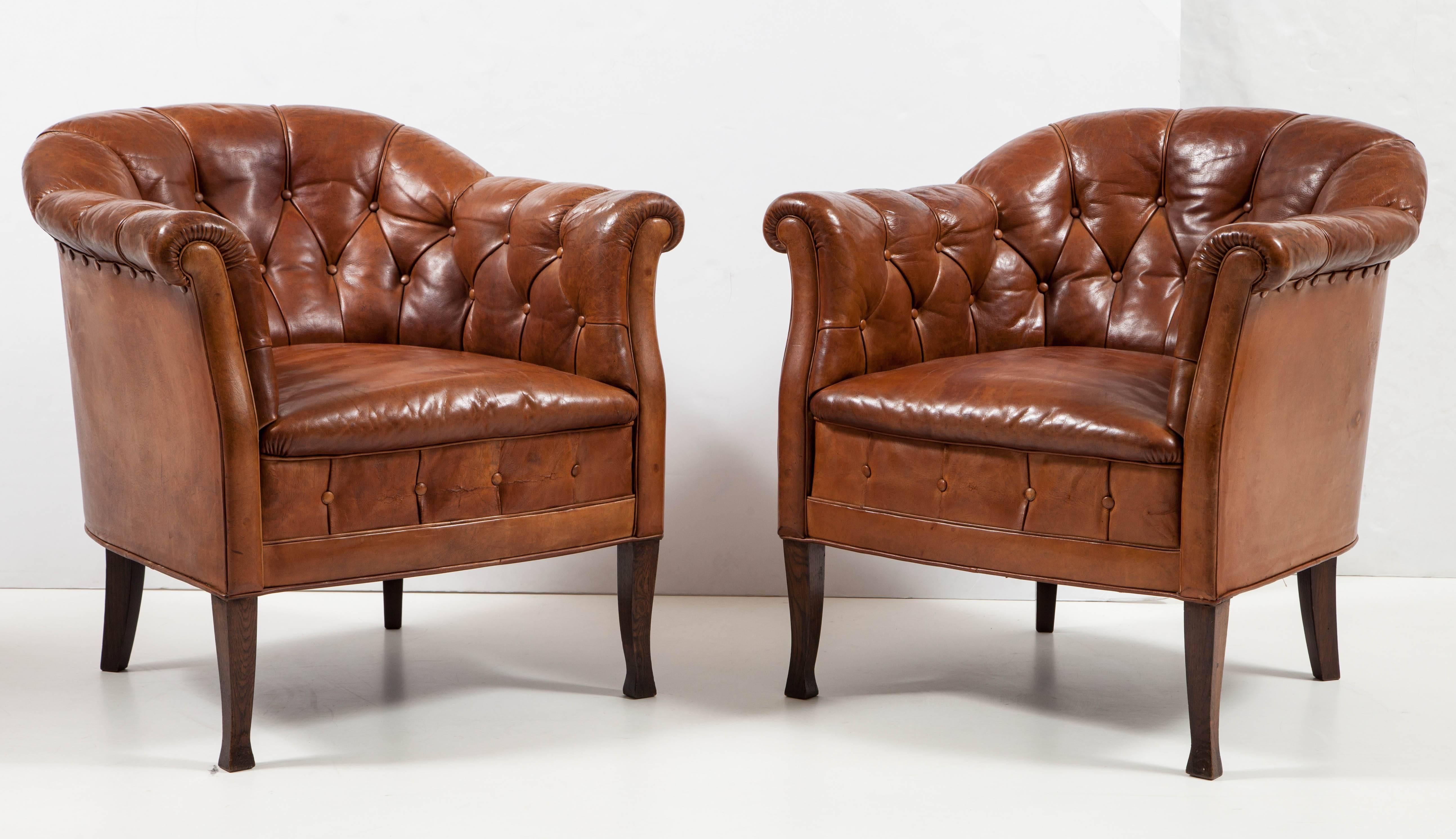Scandinavian Modern Pair of Swedish Leather Club Chairs