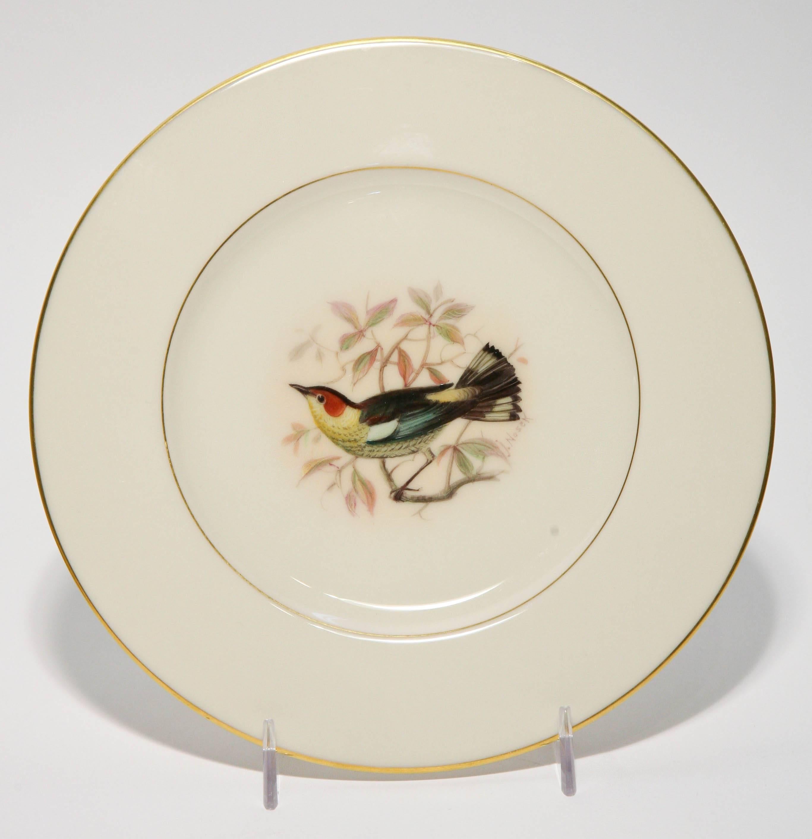 American Eight Dessert Plates Hand-Painted, Artist Signed, Delightful Songbirds