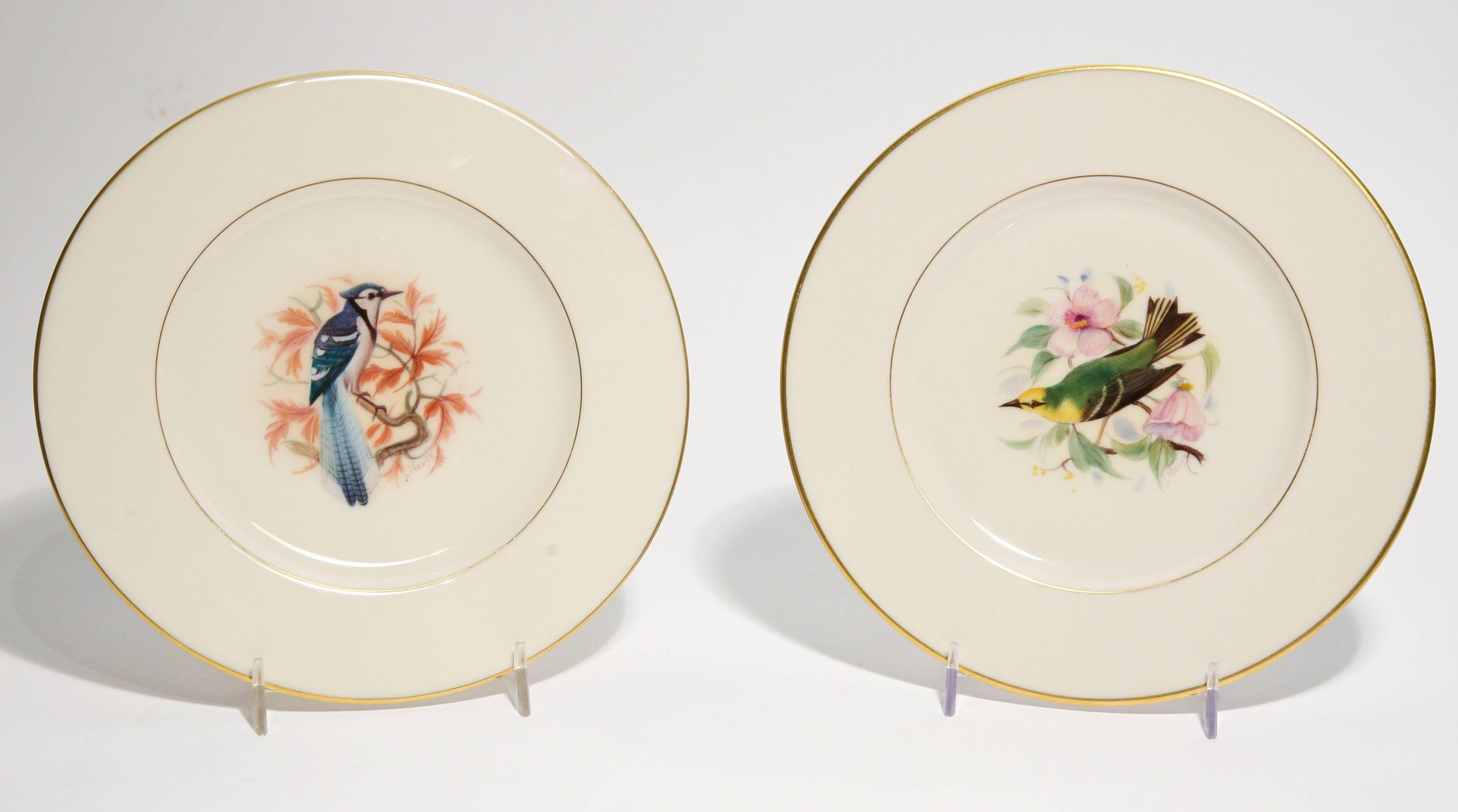 Hand-Crafted Eight Dessert Plates Hand-Painted, Artist Signed, Delightful Songbirds