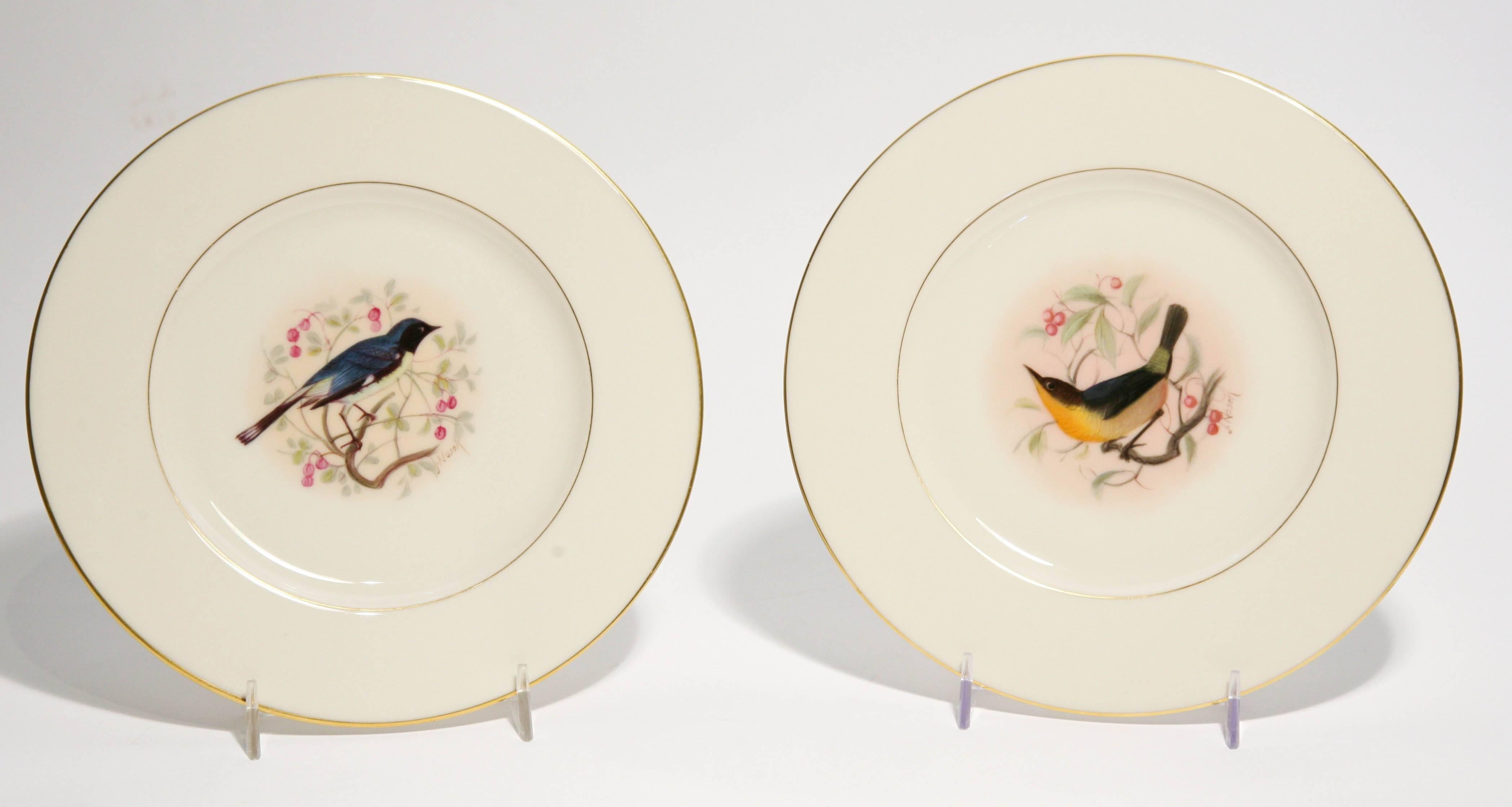 Eight Dessert Plates Hand-Painted, Artist Signed, Delightful Songbirds In Good Condition In West Palm Beach, FL