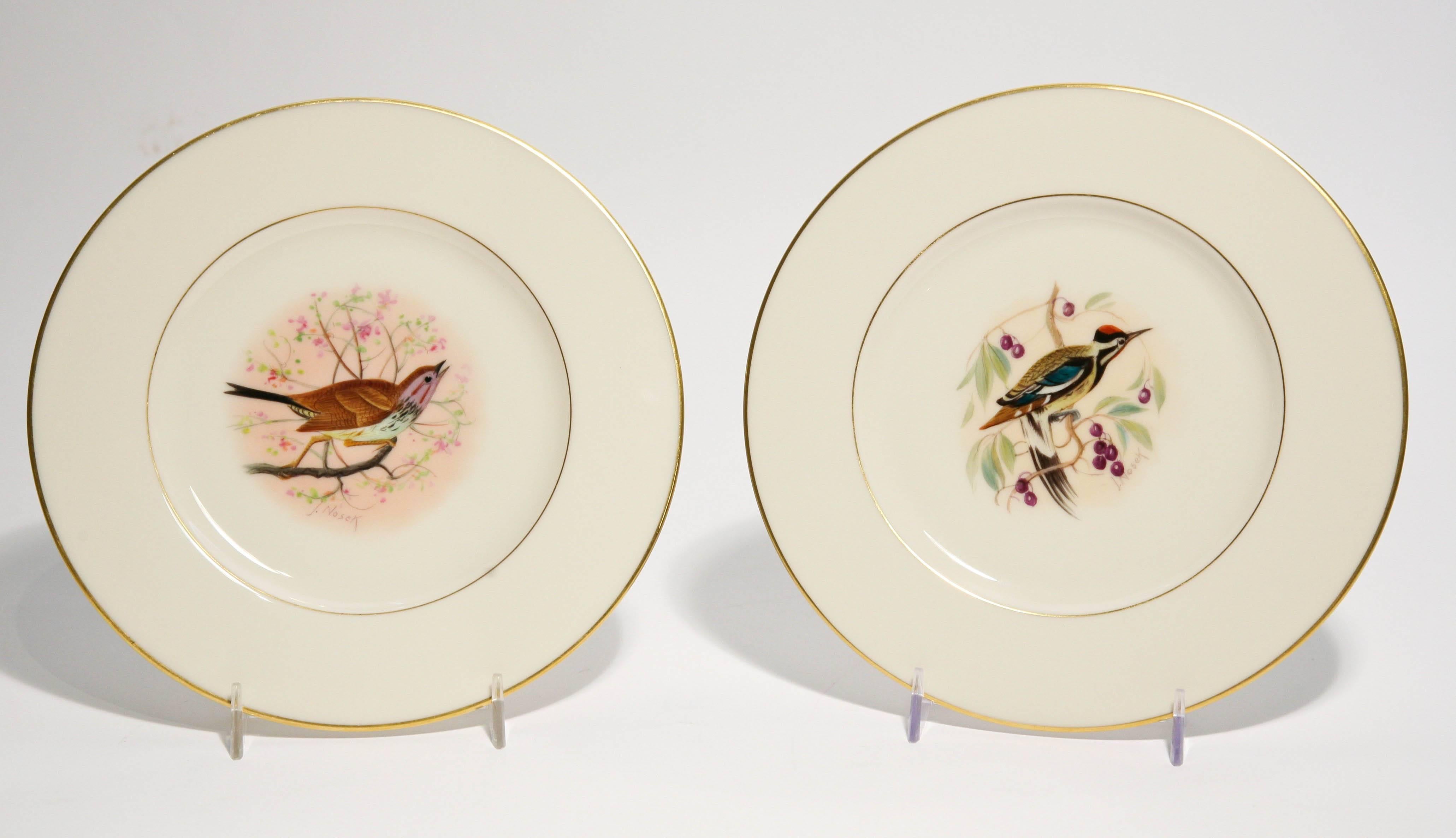 20th Century Eight Dessert Plates Hand-Painted, Artist Signed, Delightful Songbirds