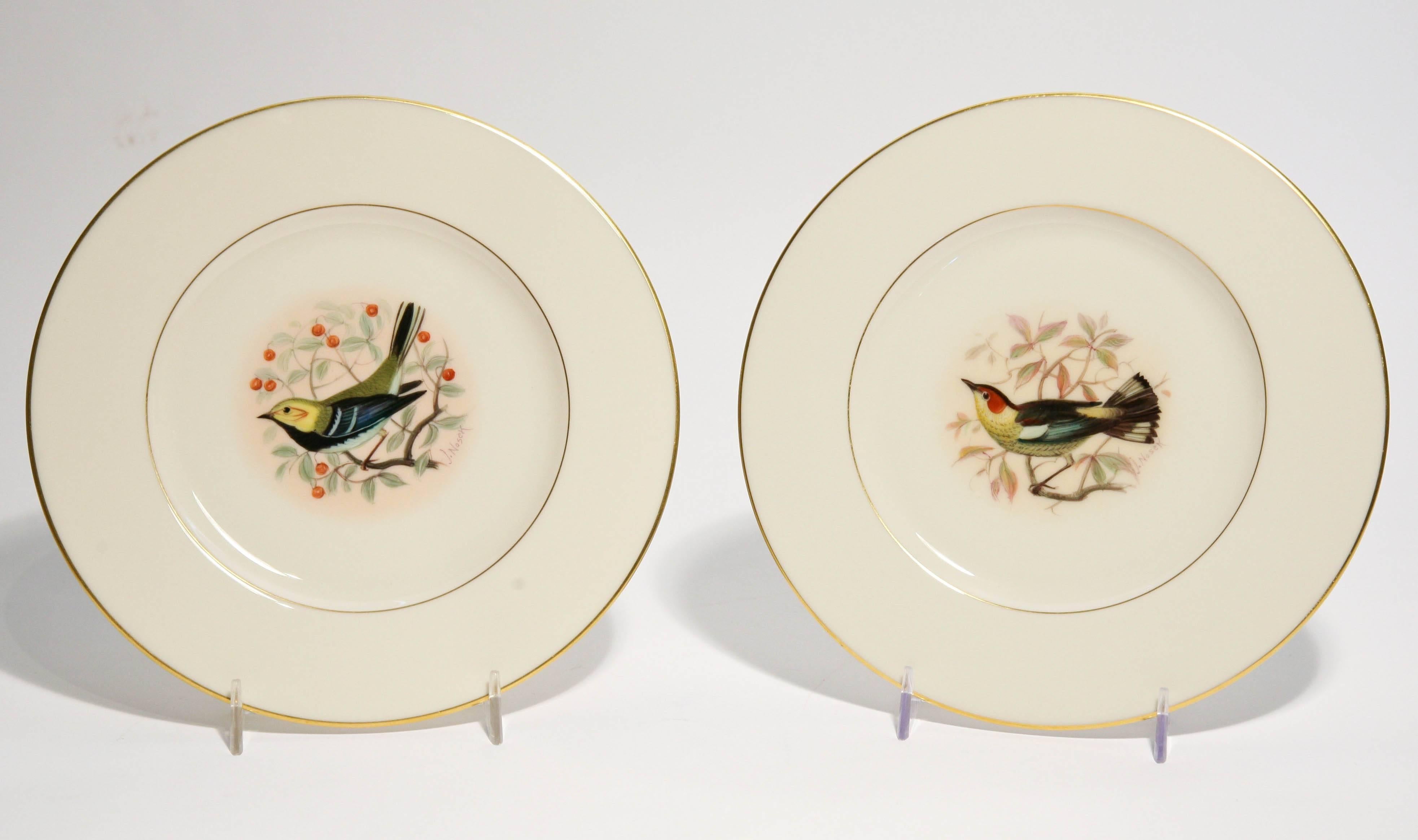 Gold Eight Dessert Plates Hand-Painted, Artist Signed, Delightful Songbirds