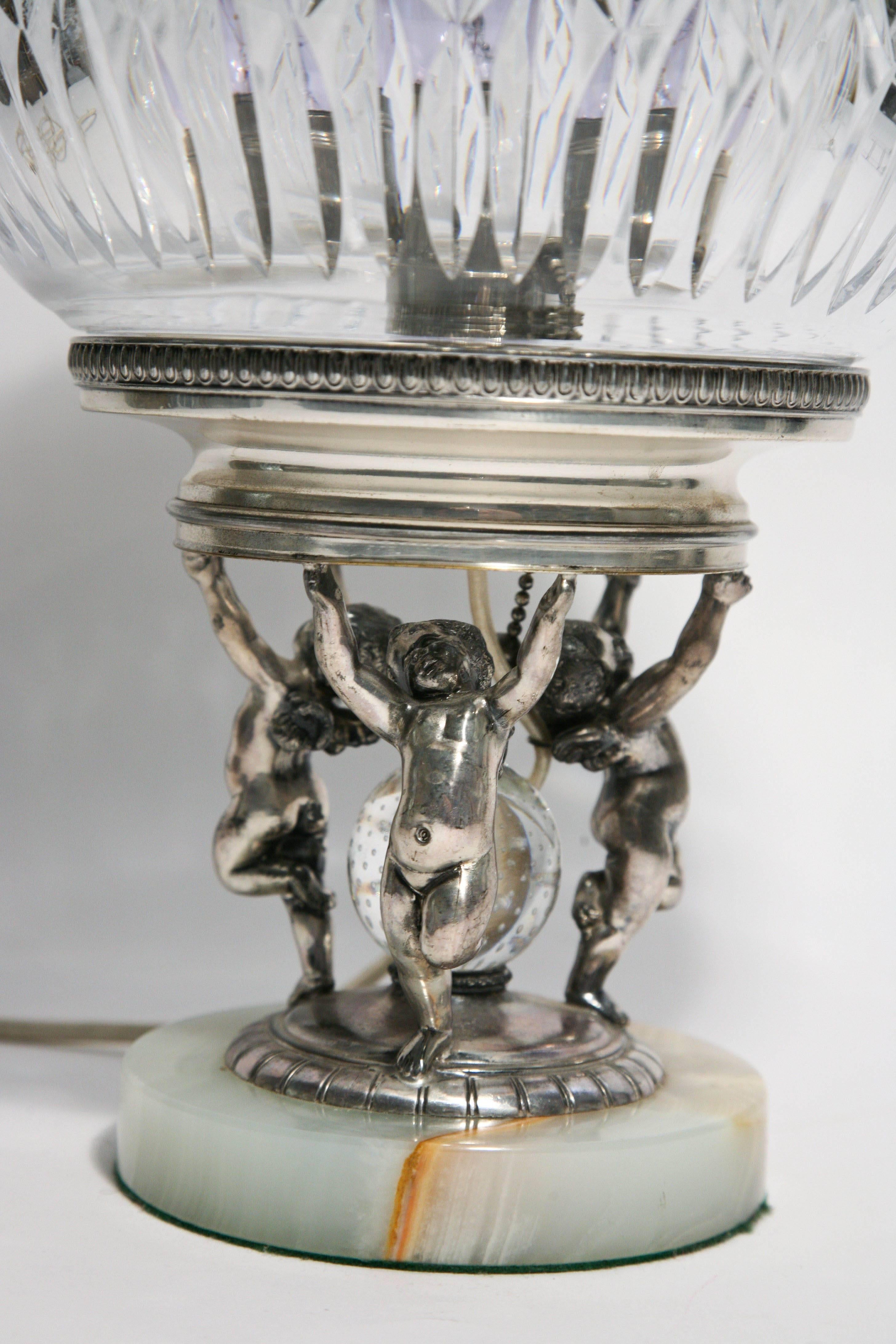 Hand-Crafted Antique Crystal and Silver Plate Figural Desk or Table Light, Signed Pairpoint