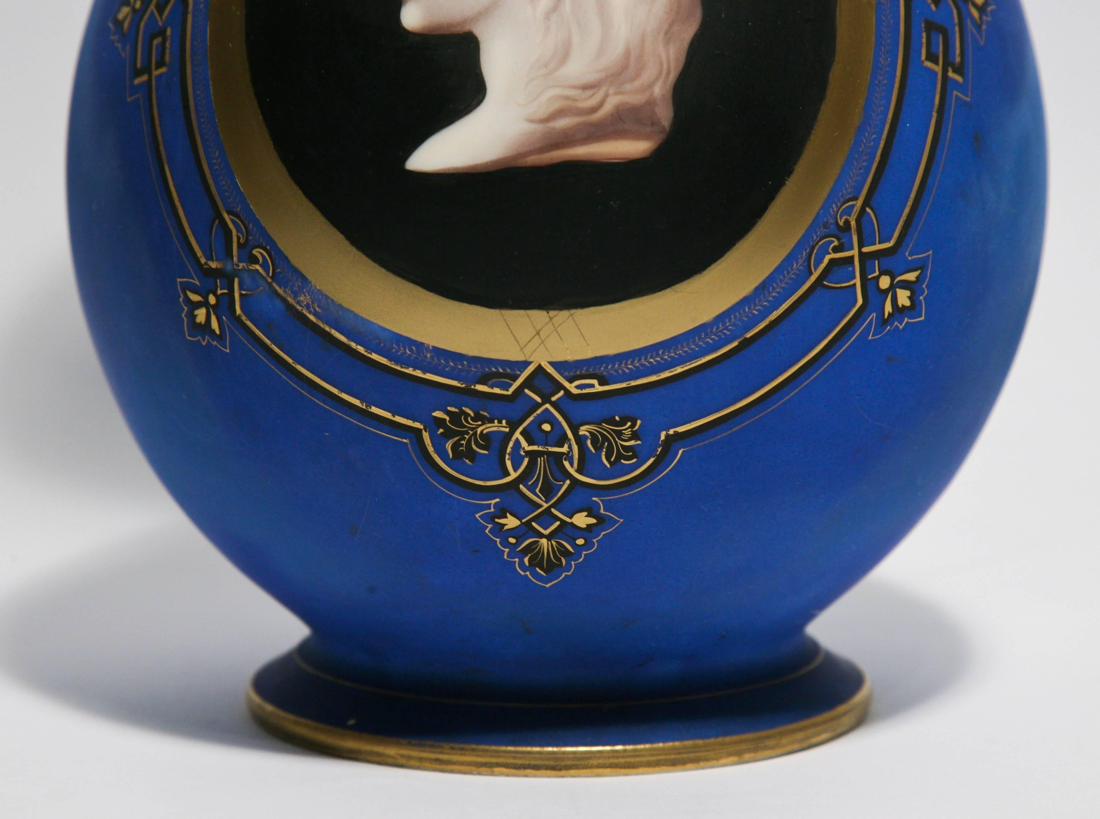 European 19th Century Greco Roman Blue Glass Vase with Exceptional Camel Front on Black For Sale
