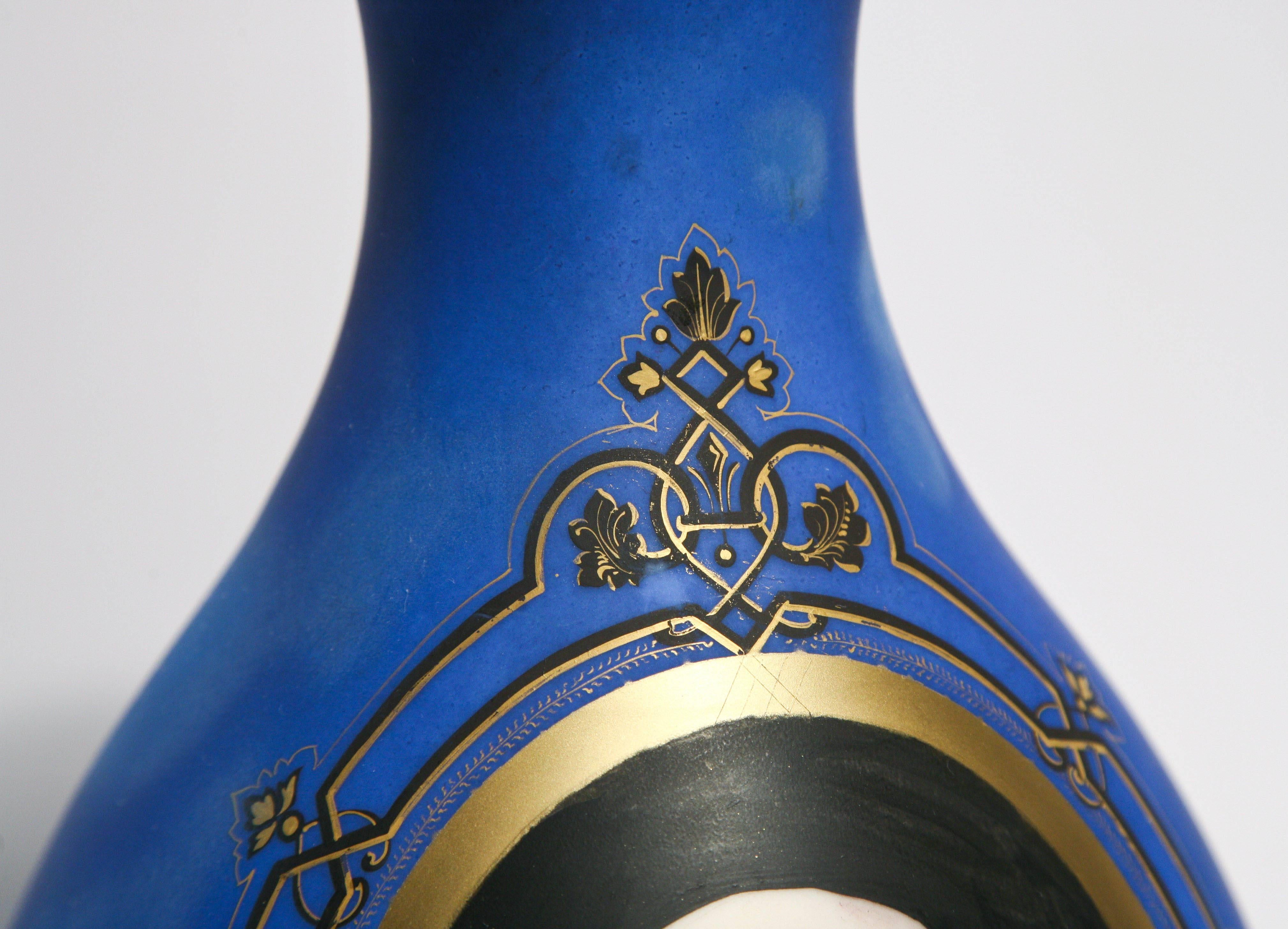 Blown Glass 19th Century Greco Roman Blue Glass Vase with Exceptional Camel Front on Black For Sale