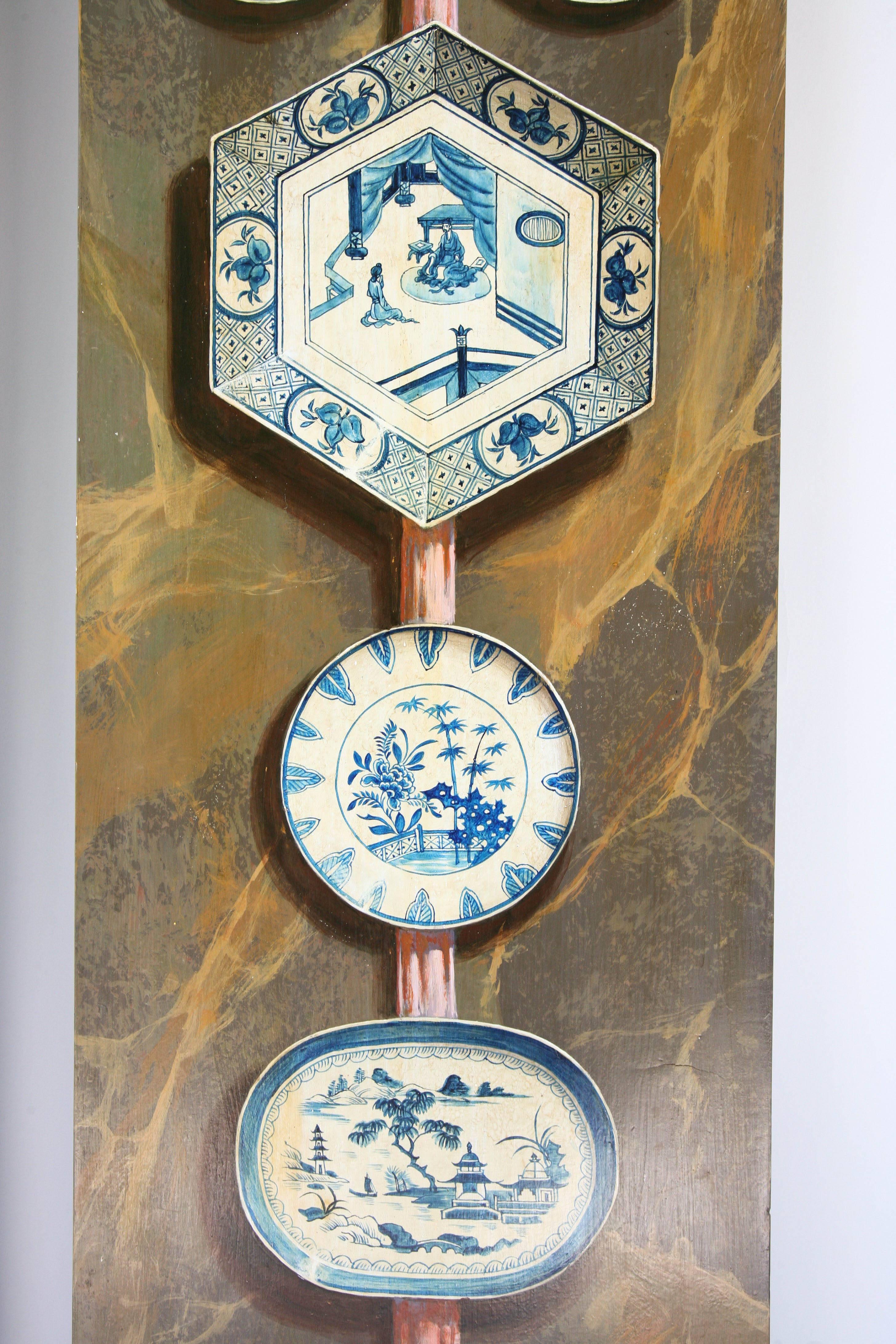Wood Pair of Trompe-l'oeil Wall Hanging Panels of Blue and White China
