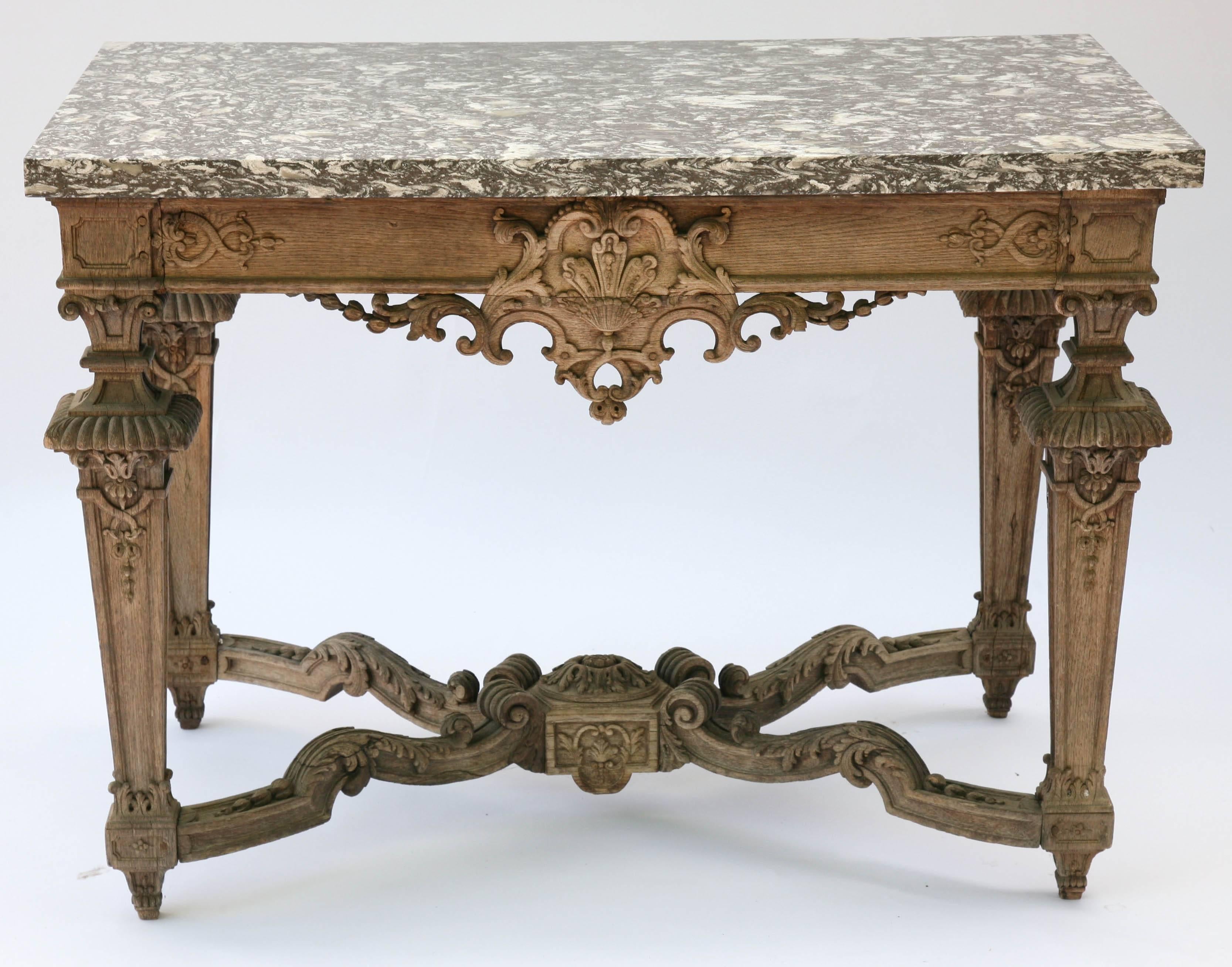 Finely Carved 19th Century Bleached Oak Console Table with Marble Top In Distressed Condition For Sale In West Palm Beach, FL