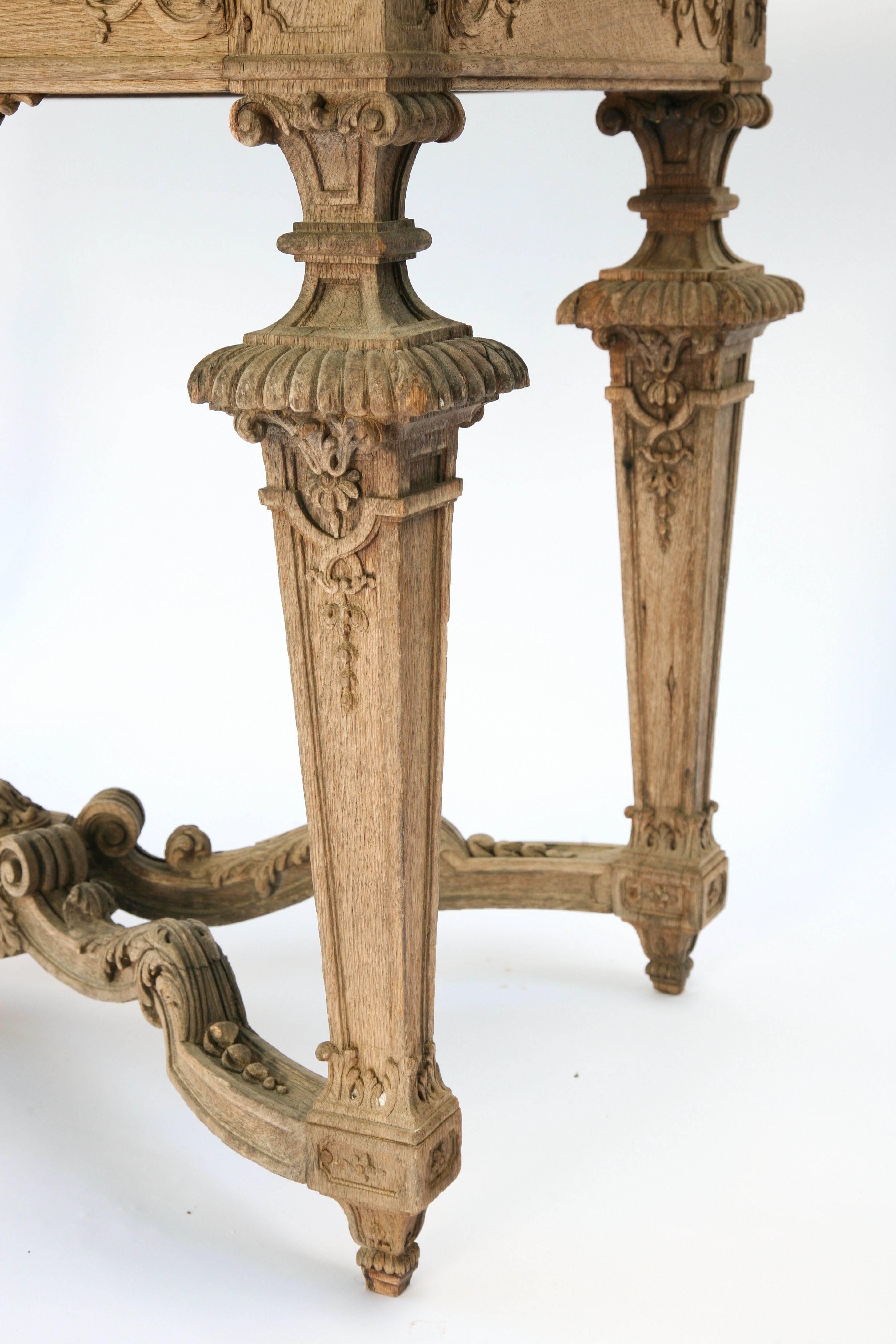 Finely Carved 19th Century Bleached Oak Console Table with Marble Top For Sale 1